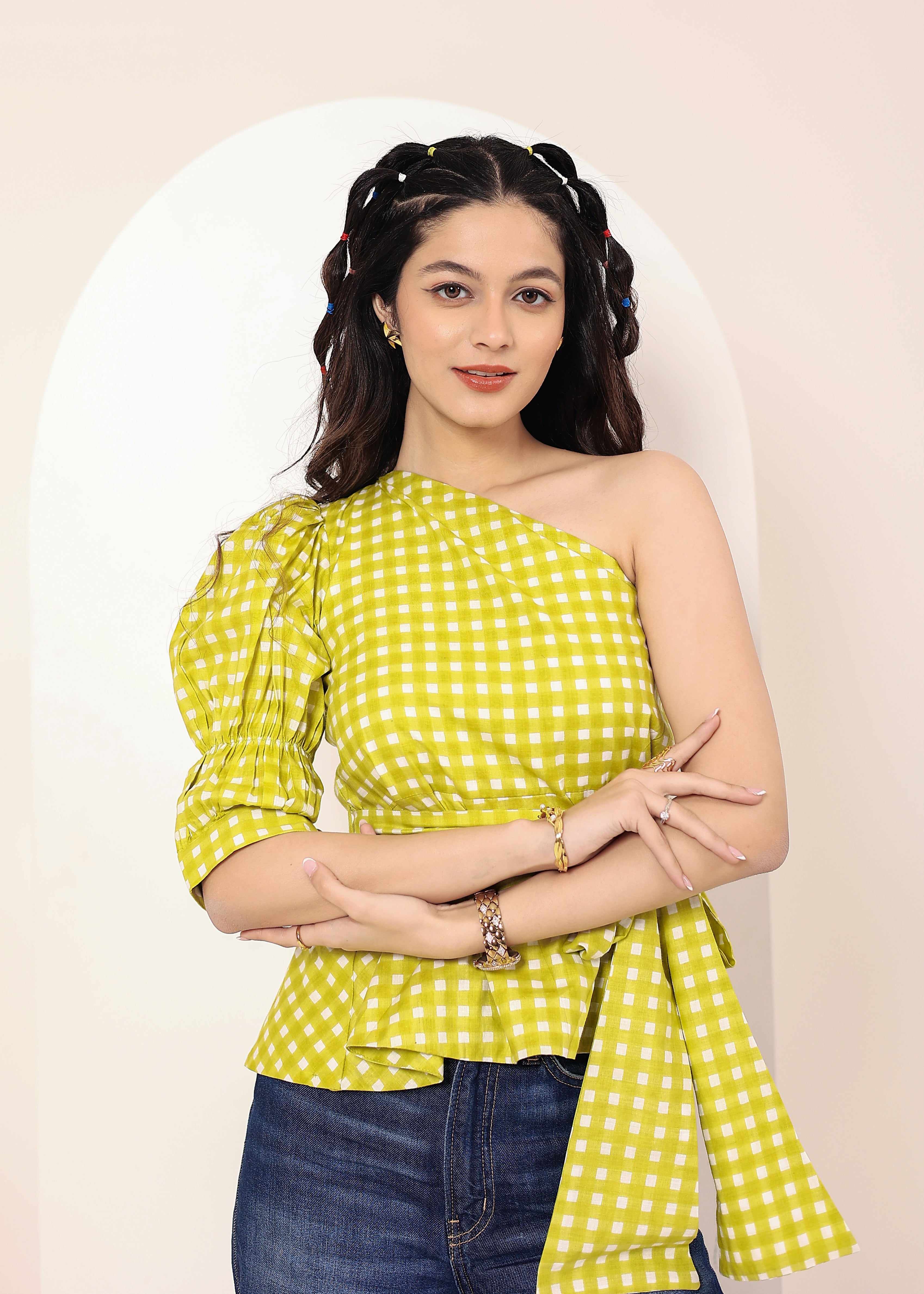 Green & White Gingham One-Shoulder Peplum Top with Waist Tie - Kaoribyshreya