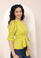 Green & White Gingham One-Shoulder Peplum Top with Waist Tie - Kaoribyshreya