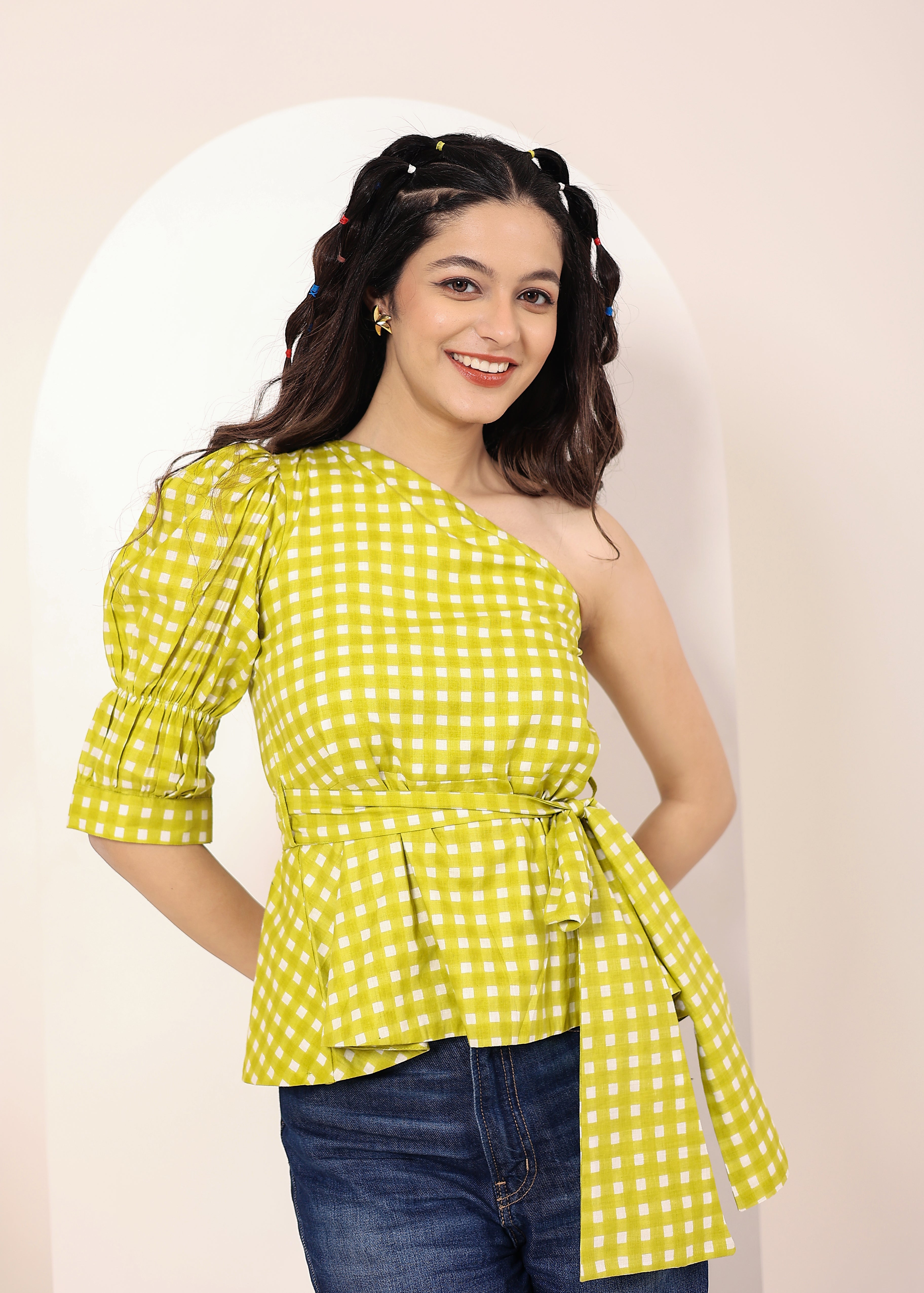 Green & White Gingham One-Shoulder Peplum Top with Waist Tie - Kaoribyshreya