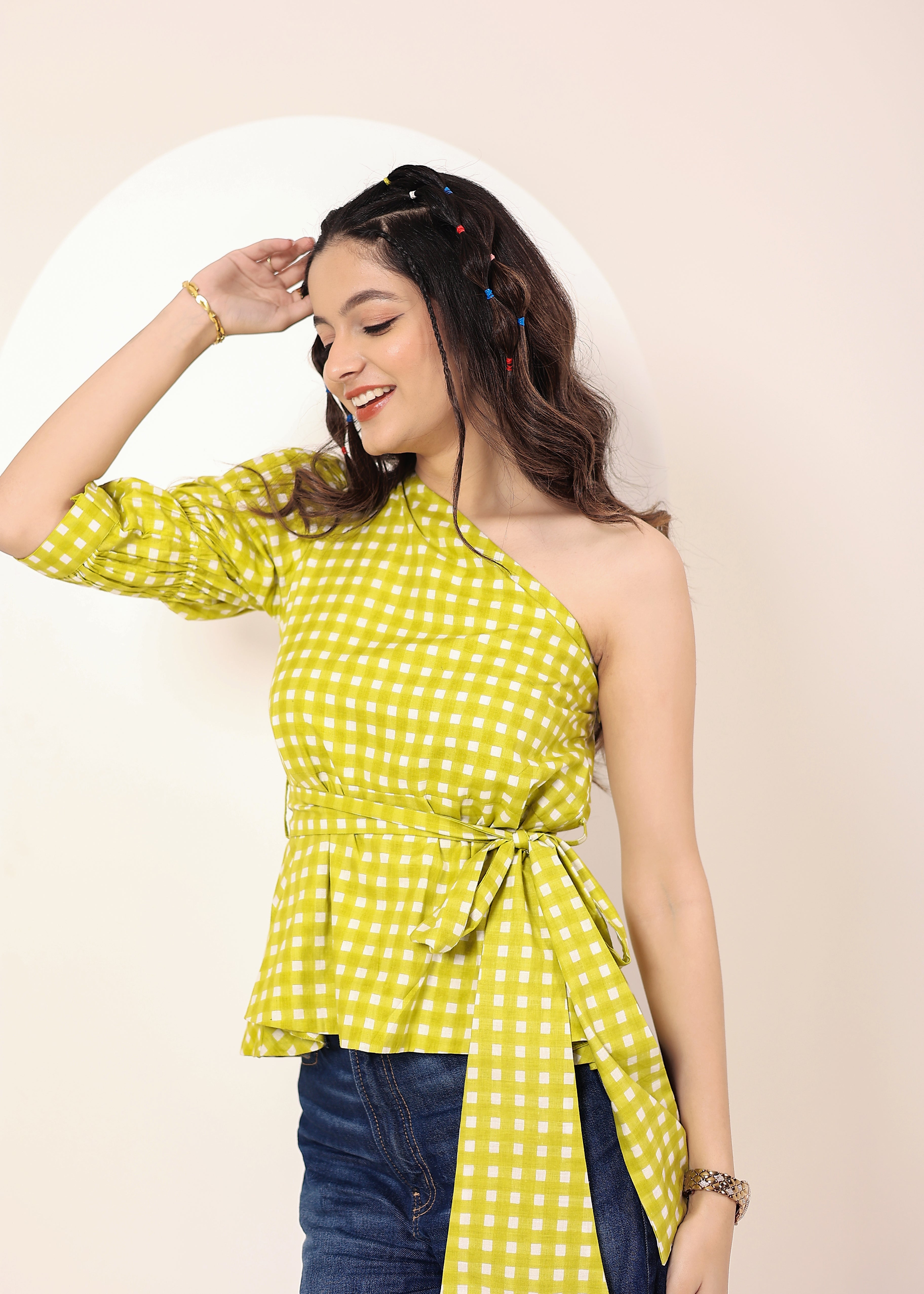 Green & White Gingham One-Shoulder Peplum Top with Waist Tie - Kaoribyshreya