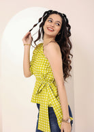 Green & White Gingham One-Shoulder Peplum Top with Waist Tie - Kaoribyshreya