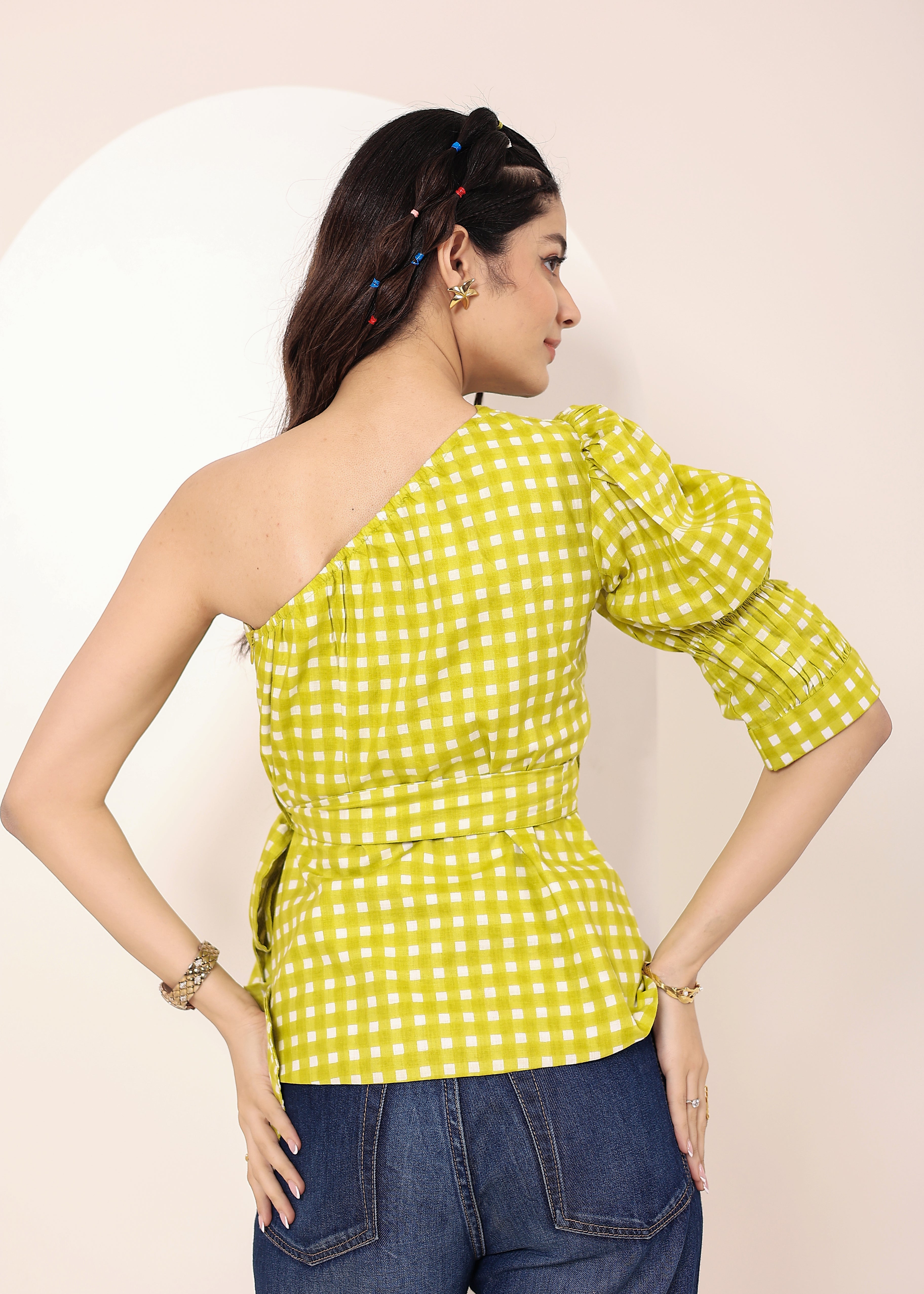 Green & White Gingham One-Shoulder Peplum Top with Waist Tie - Kaoribyshreya