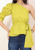 Green & White Gingham One-Shoulder Peplum Top with Waist Tie - Kaoribyshreya
