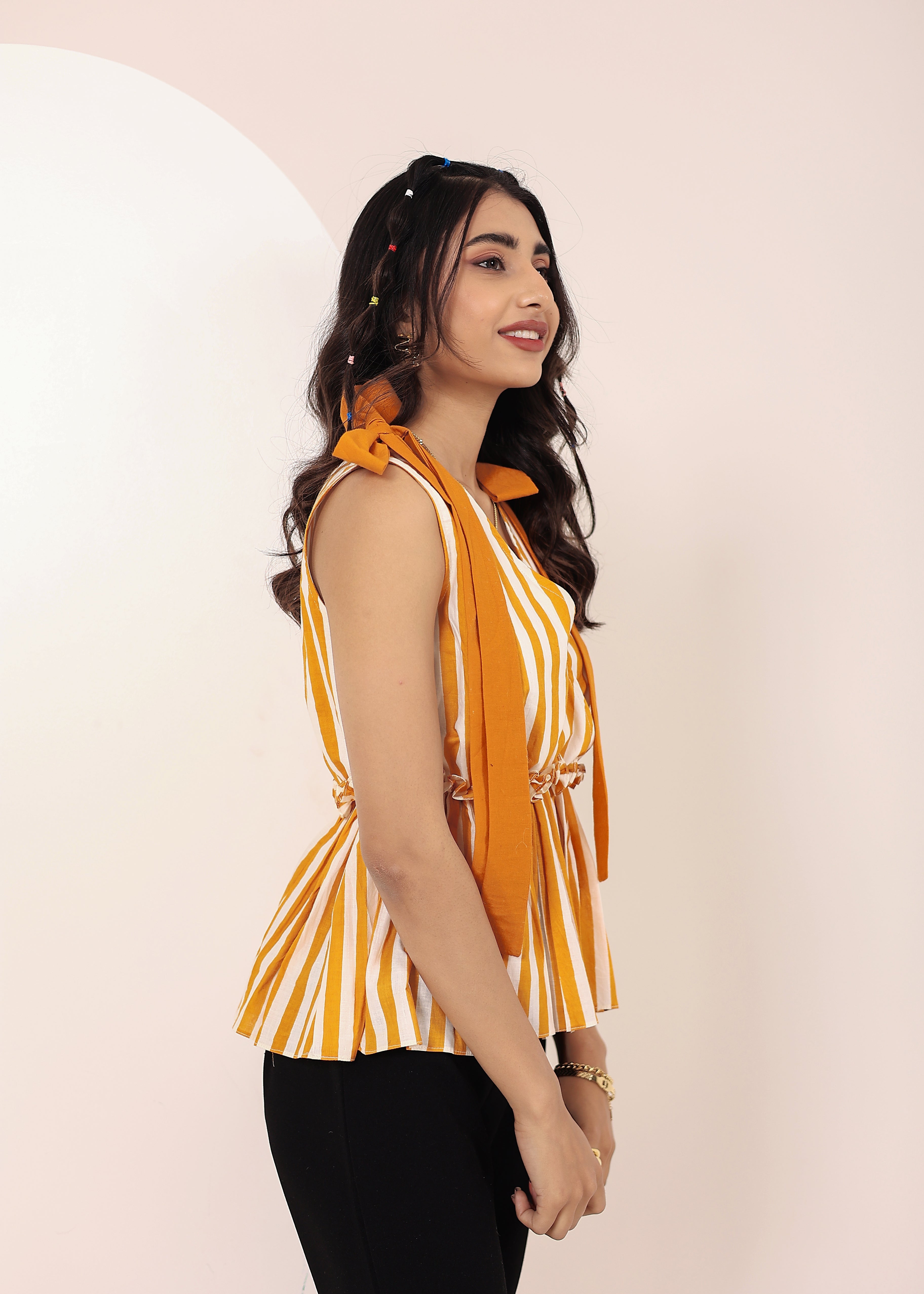 Yellow Striped Sleeveless Peplum Top with Shoulder Tie-Up - Kaoribyshreya