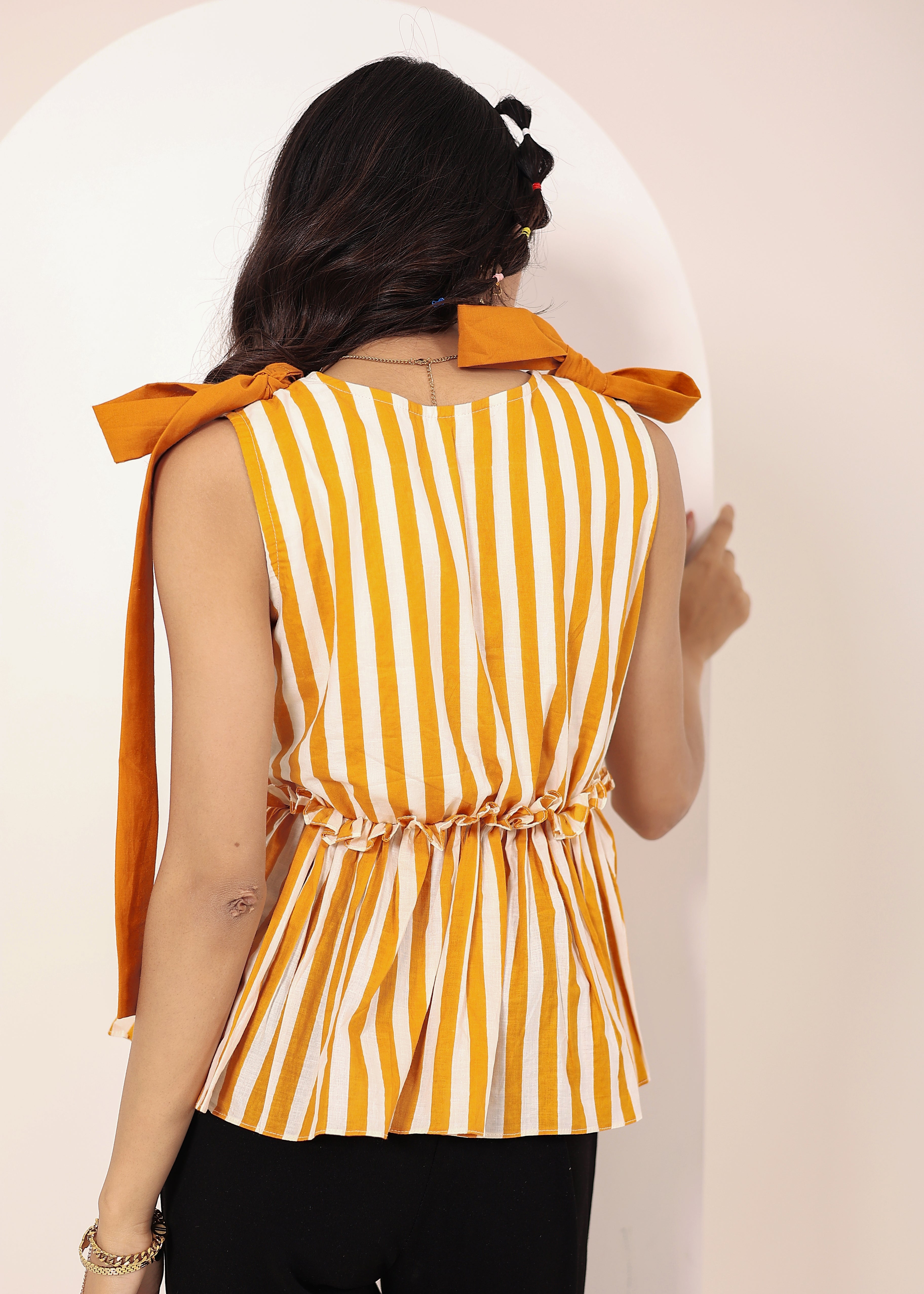 Yellow Striped Sleeveless Peplum Top with Shoulder Tie-Up - Kaoribyshreya