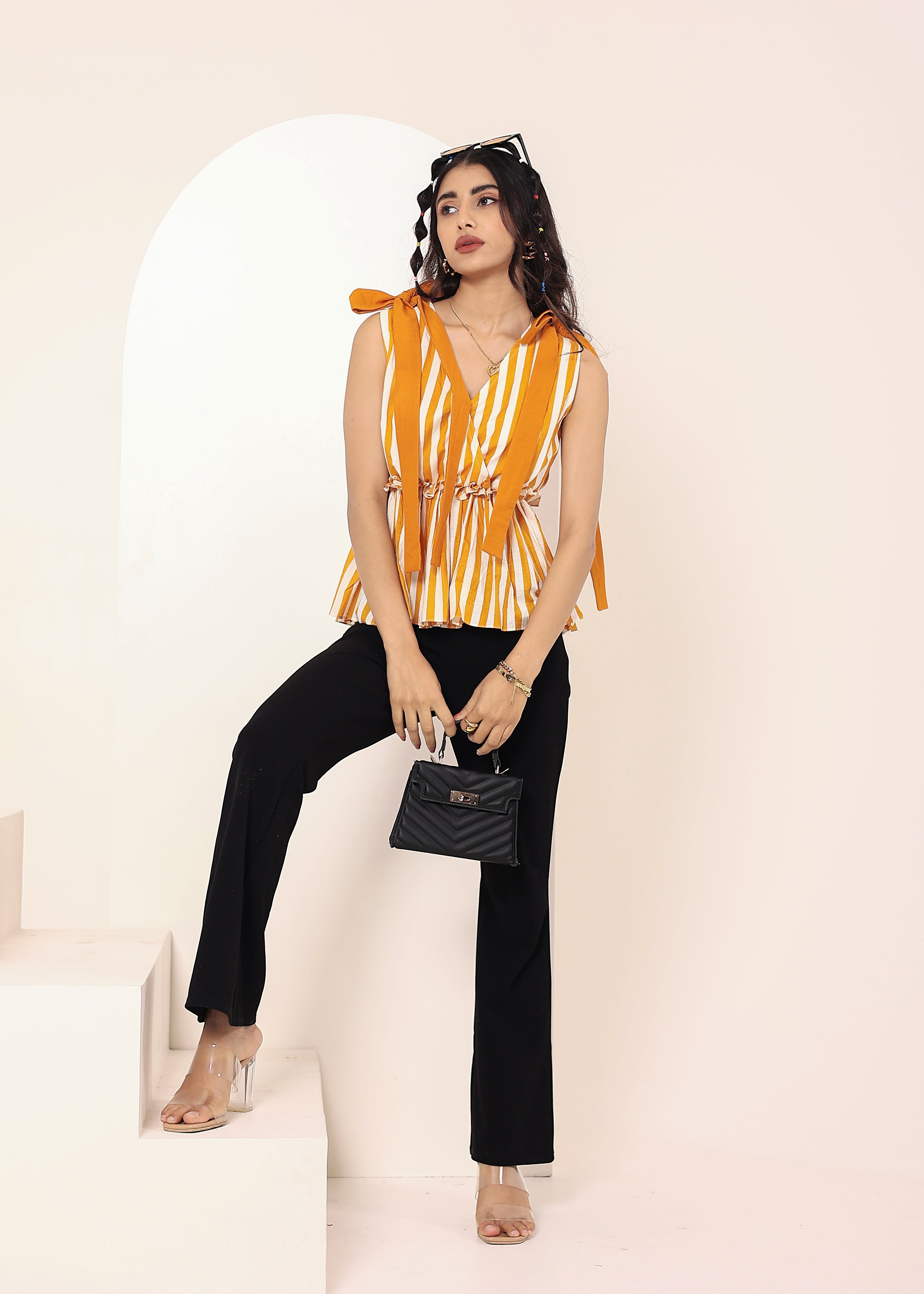 Yellow Striped Sleeveless Peplum Top with Shoulder Tie-Up - Kaoribyshreya
