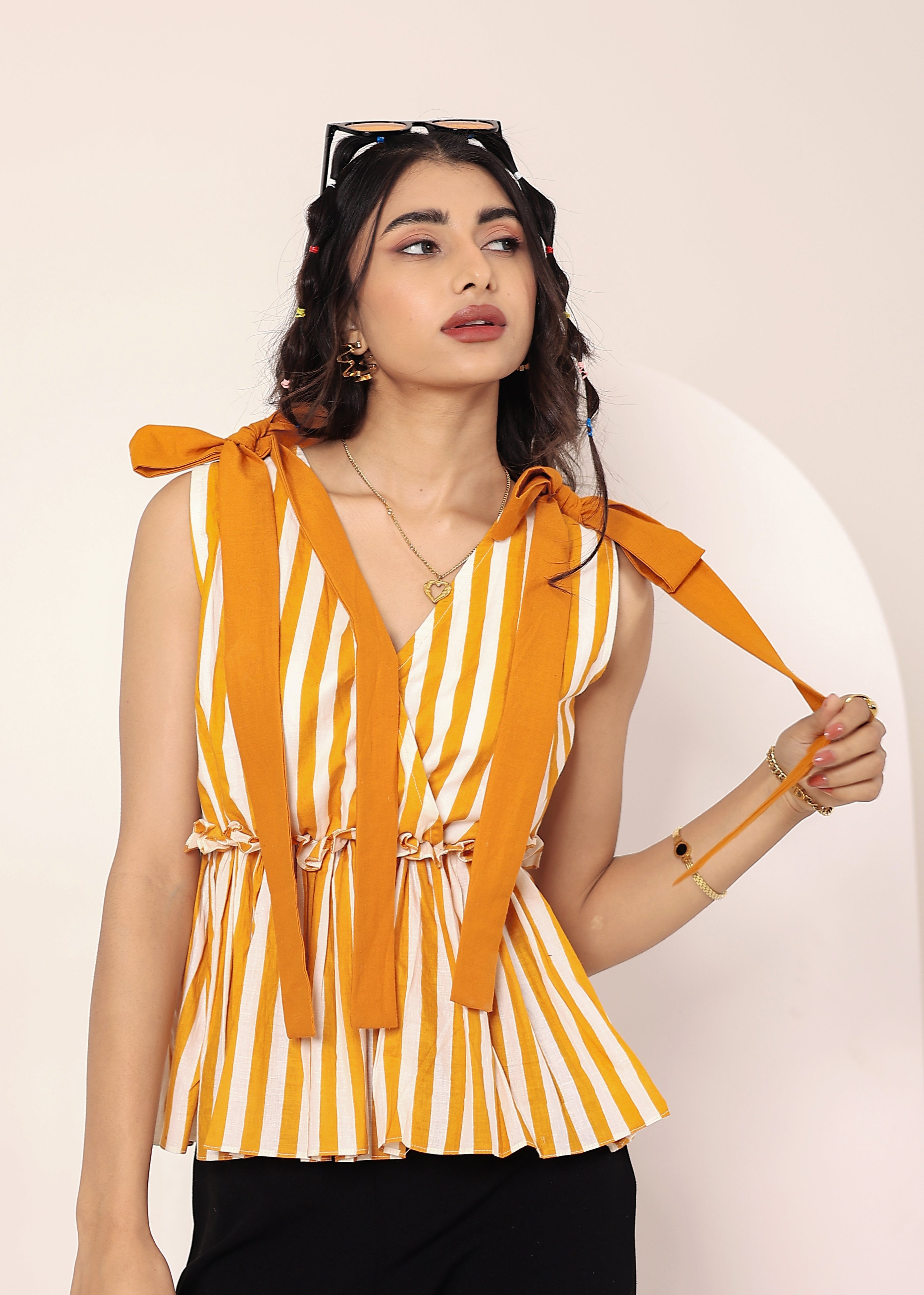 Yellow Striped Sleeveless Peplum Top with Shoulder Tie-Up - Kaoribyshreya