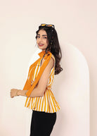 Yellow Striped Sleeveless Peplum Top with Shoulder Tie-Up - Kaoribyshreya