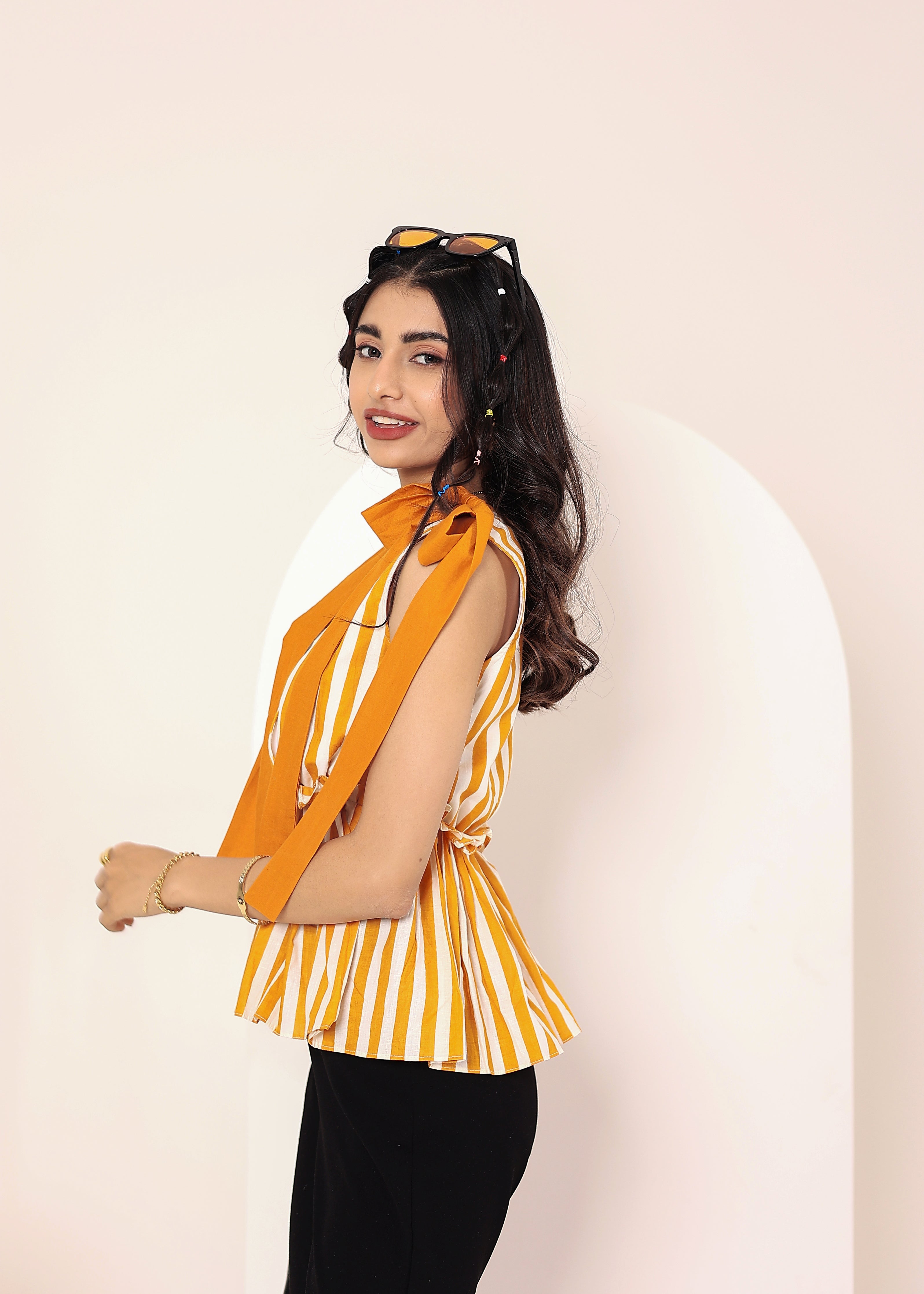 Yellow Striped Sleeveless Peplum Top with Shoulder Tie-Up - Kaoribyshreya