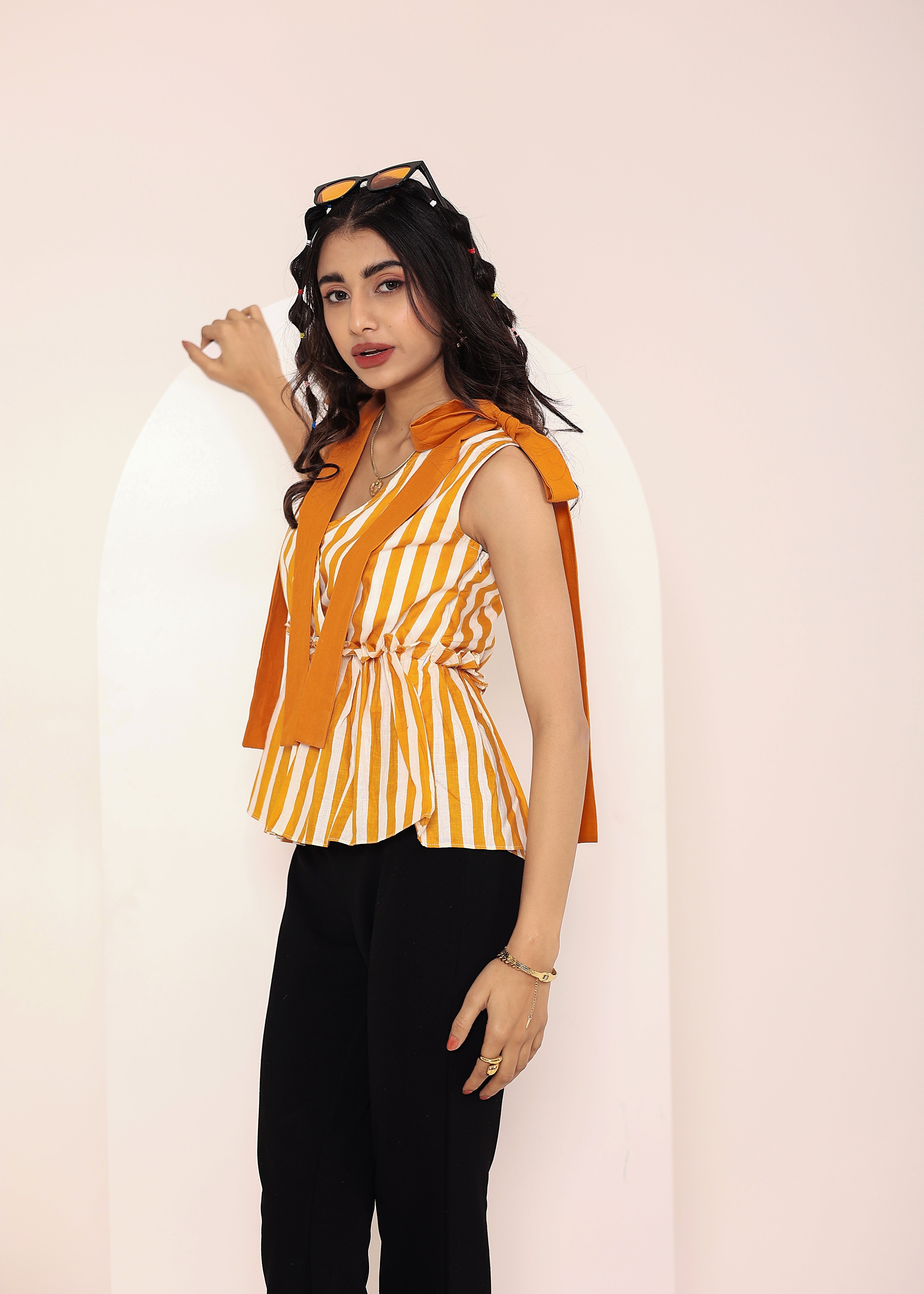 Yellow Striped Sleeveless Peplum Top with Shoulder Tie-Up - Kaoribyshreya