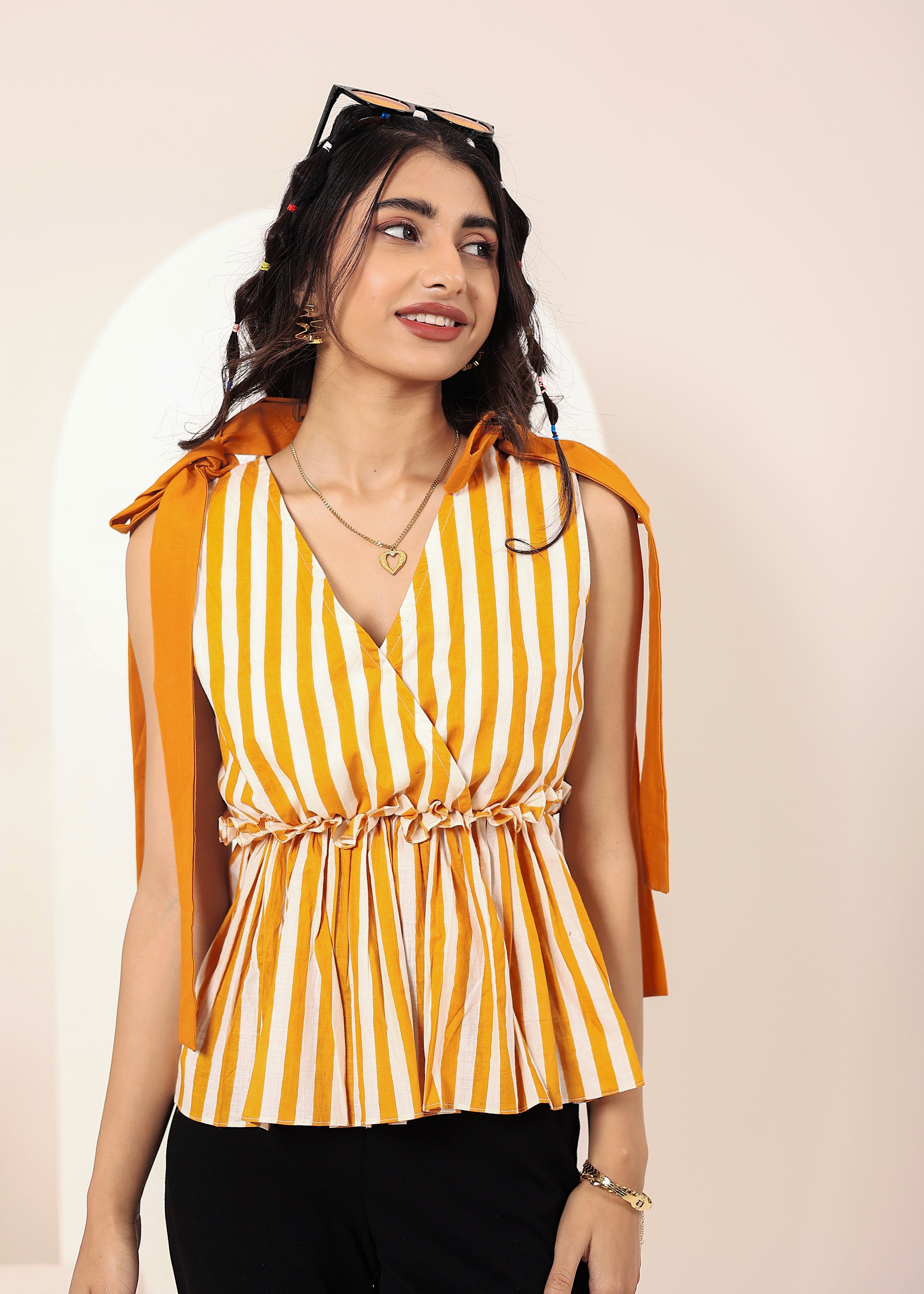 Yellow Striped Sleeveless Peplum Top with Shoulder Tie-Up - Kaoribyshreya