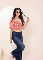 Red and White Floral Printed One-Shoulder Crop Top with smoked and ruffle detailing - Kaoribyshreya