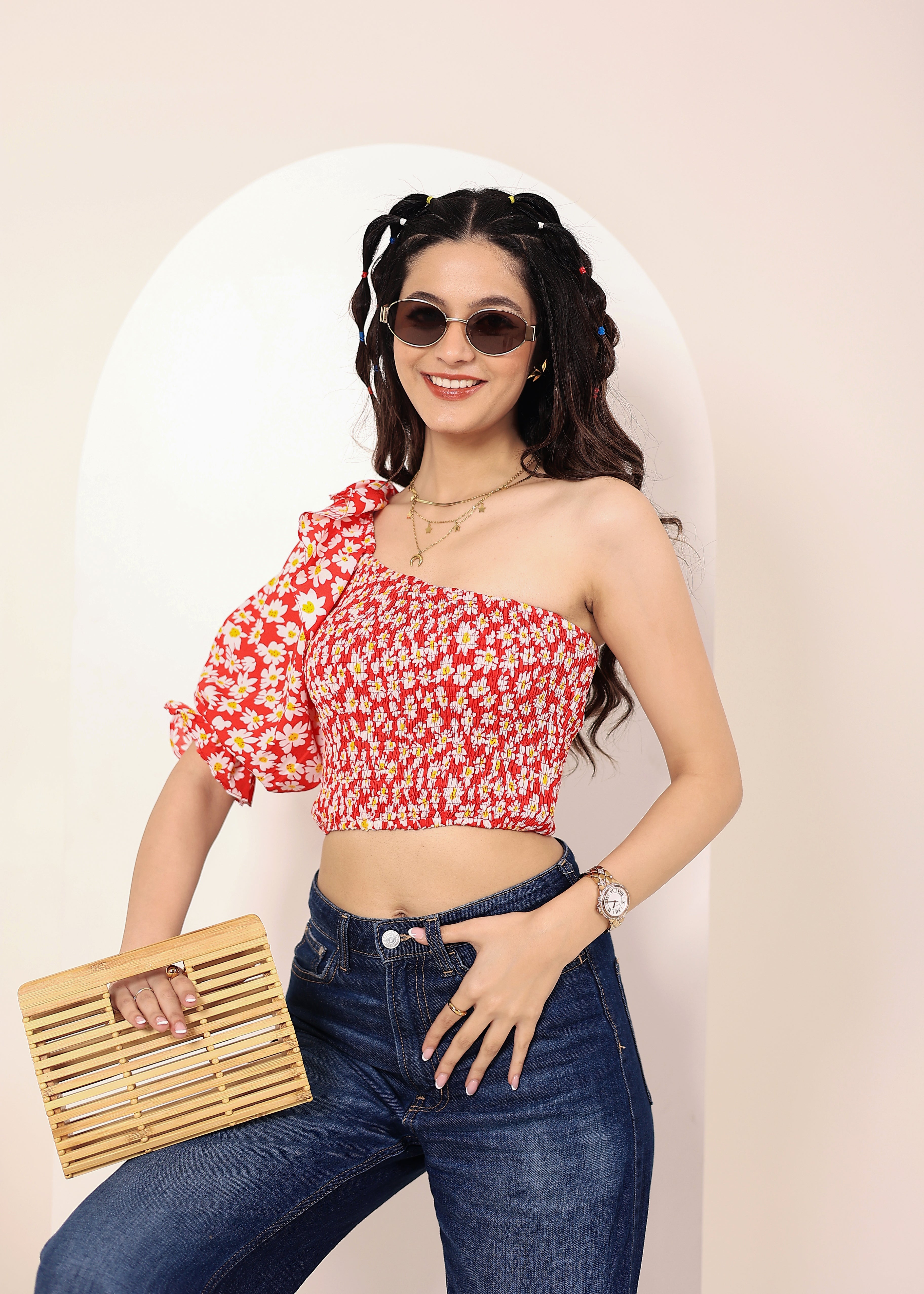 Red and White Floral Printed One-Shoulder Crop Top with smoked and ruffle detailing - Kaoribyshreya