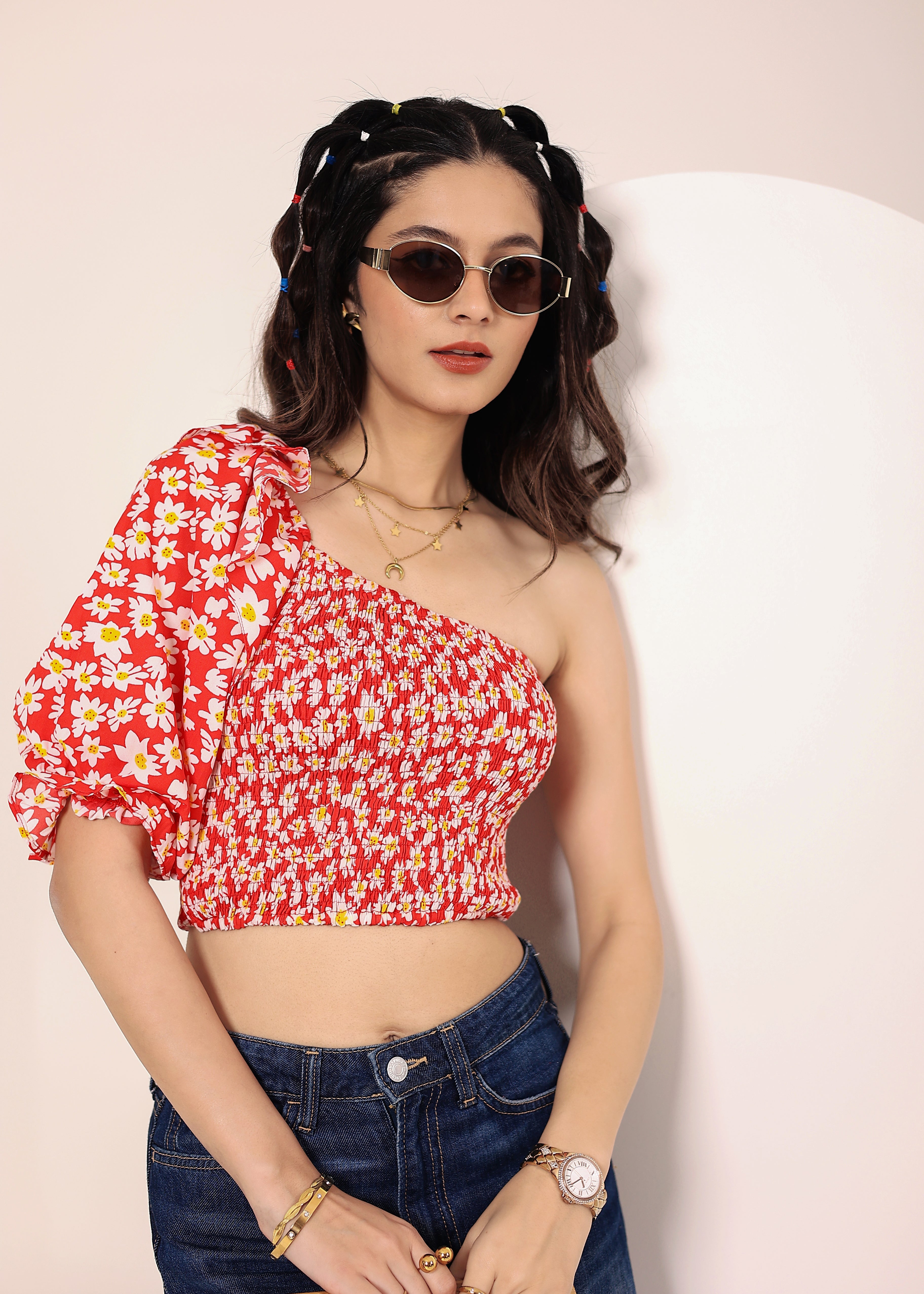 Red and White Floral Printed One-Shoulder Crop Top with smoked and ruffle detailing - Kaoribyshreya