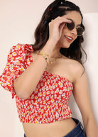 Red and White Floral Printed One-Shoulder Crop Top with smoked and ruffle detailing - Kaoribyshreya