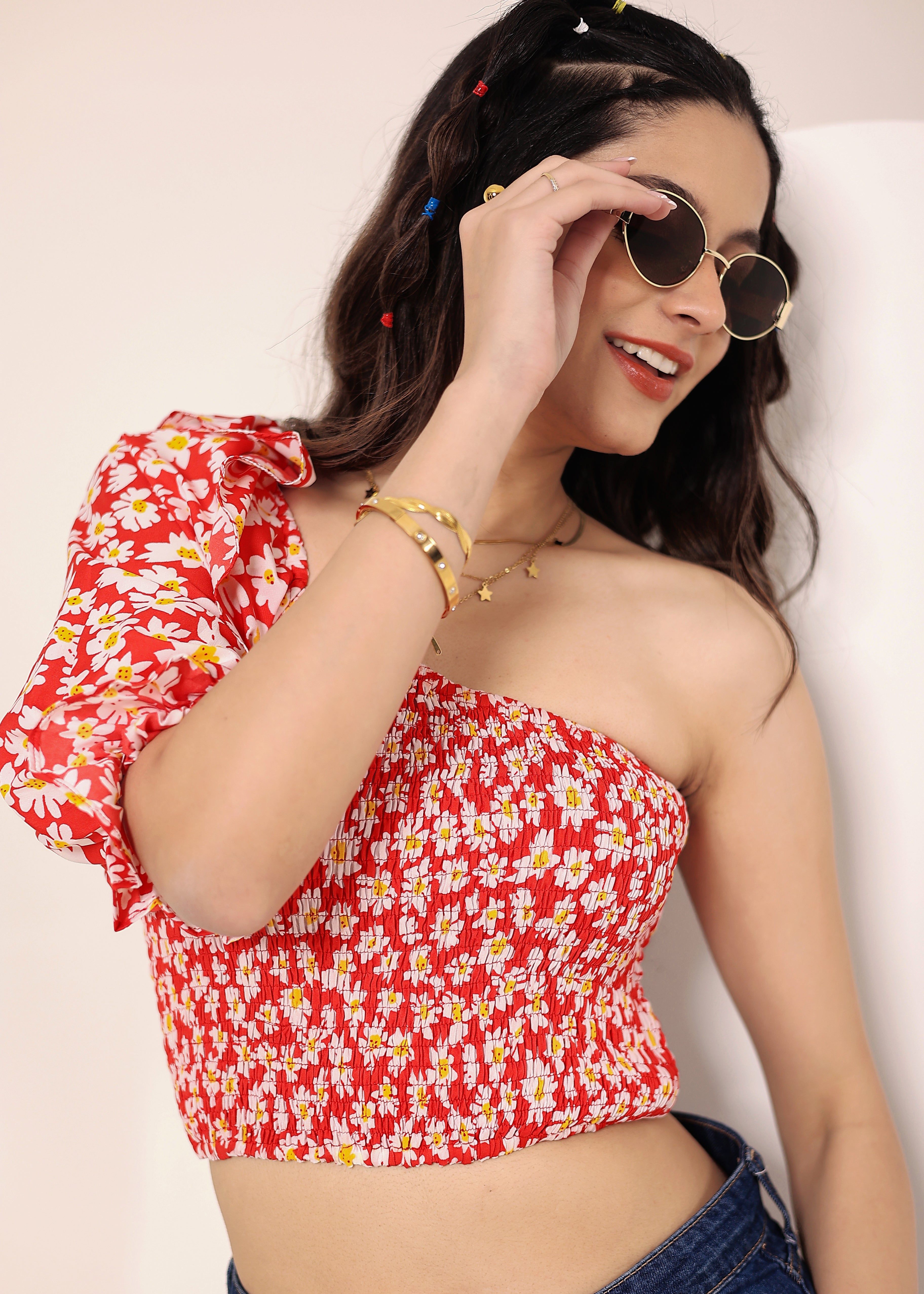 Red and White Floral Printed One-Shoulder Crop Top with smoked and ruffle detailing - Kaoribyshreya