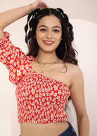 Red and White Floral Printed One-Shoulder Crop Top with smoked and ruffle detailing - Kaoribyshreya