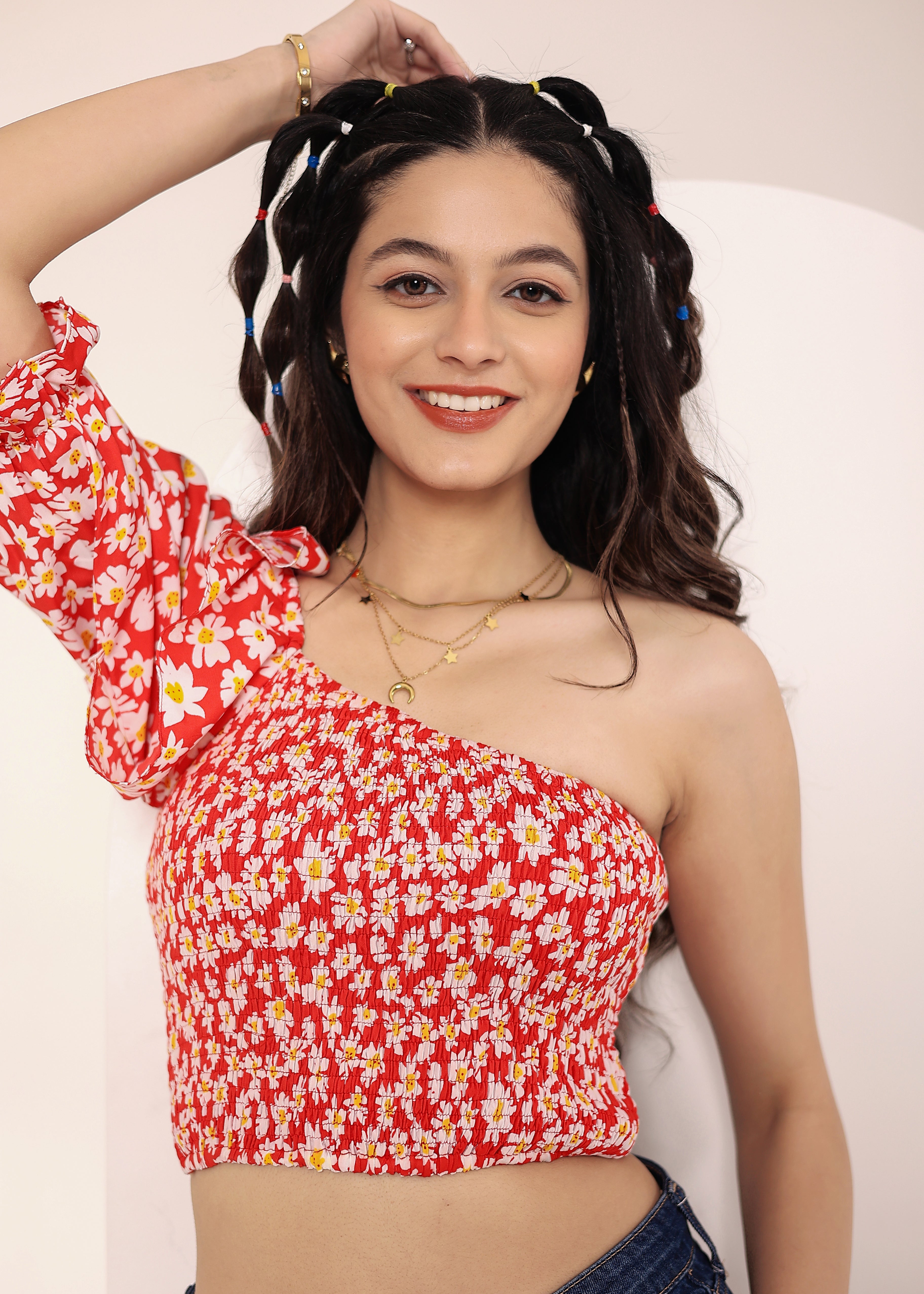 Red and White Floral Printed One-Shoulder Crop Top with smoked and ruffle detailing - Kaoribyshreya