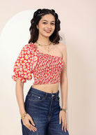 Red and White Floral Printed One-Shoulder Crop Top with smoked and ruffle detailing - Kaoribyshreya