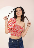 Red and White Floral Printed One-Shoulder Crop Top with smoked and ruffle detailing - Kaoribyshreya