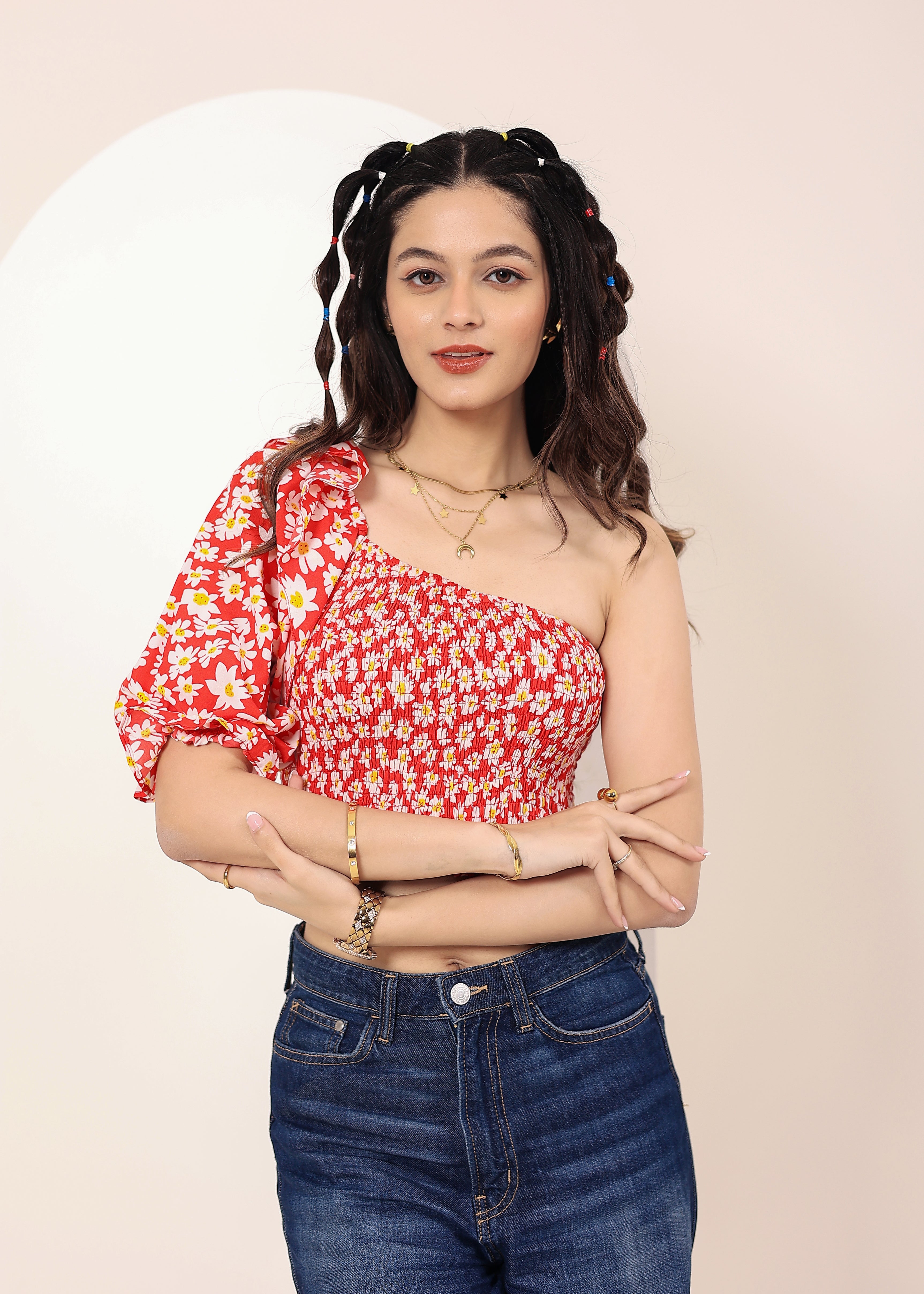 Red and White Floral Printed One-Shoulder Crop Top with smoked and ruffle detailing - Kaoribyshreya
