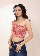 Red and White Floral Printed One-Shoulder Crop Top with smoked and ruffle detailing - Kaoribyshreya