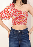 Red and White Floral Printed One-Shoulder Crop Top with smoked and ruffle detailing - Kaoribyshreya