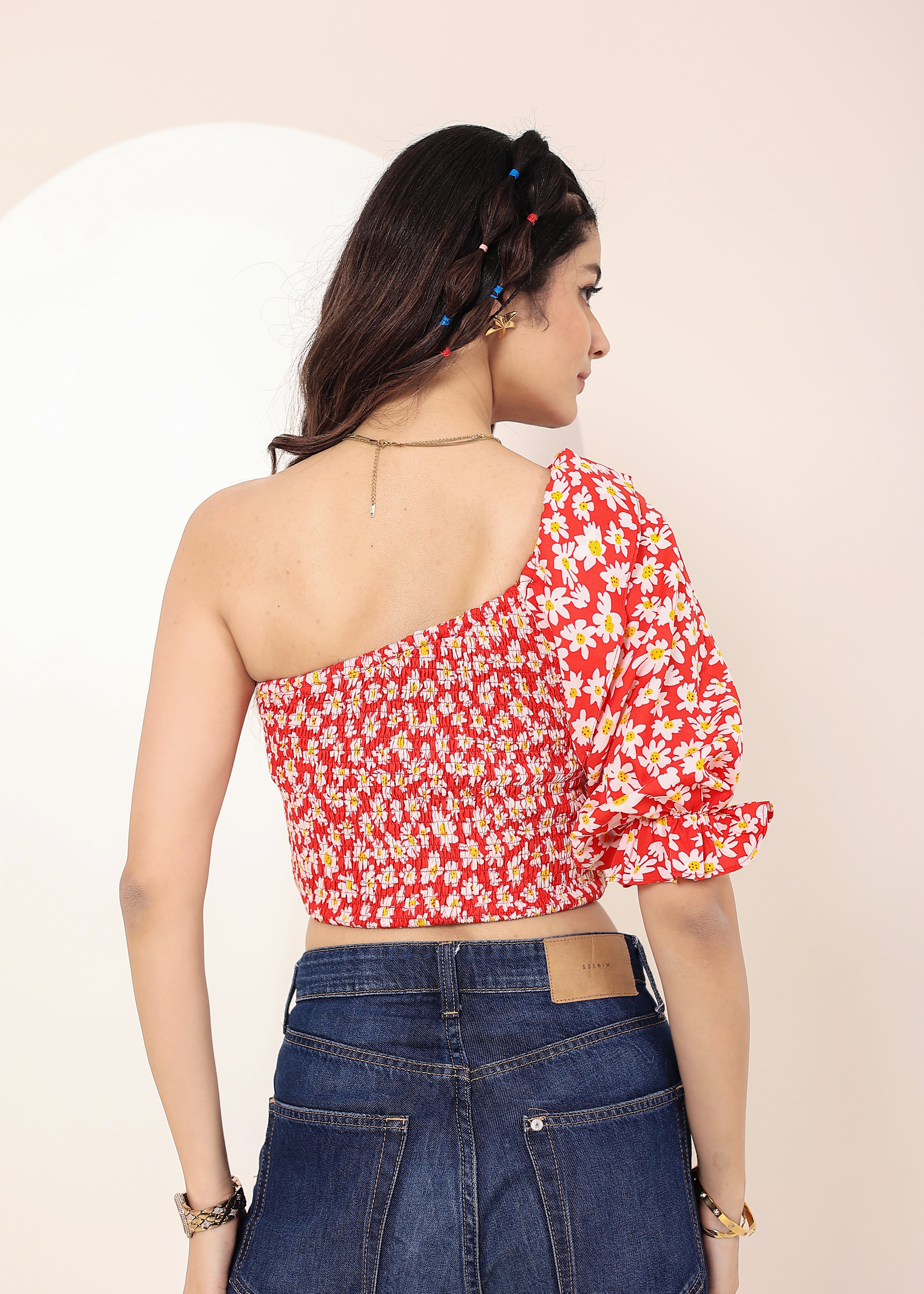 Red and White Floral Printed One-Shoulder Crop Top with smoked and ruffle detailing - Kaoribyshreya