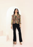 Green Multi Tropical Chiffon Full-Sleeve Peplum Top - Kaoribyshreya