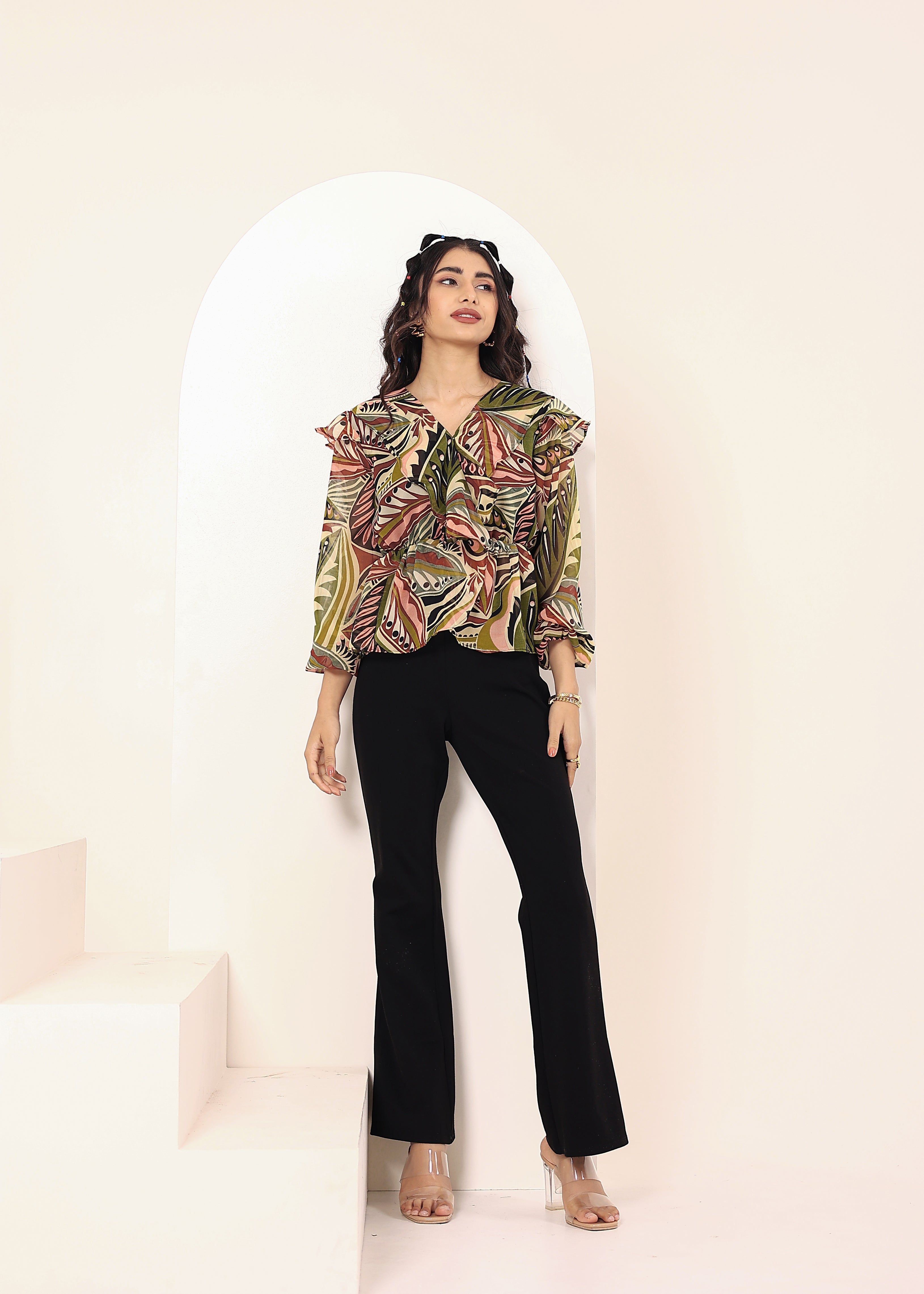 Green Multi Tropical Chiffon Full-Sleeve Peplum Top - Kaoribyshreya
