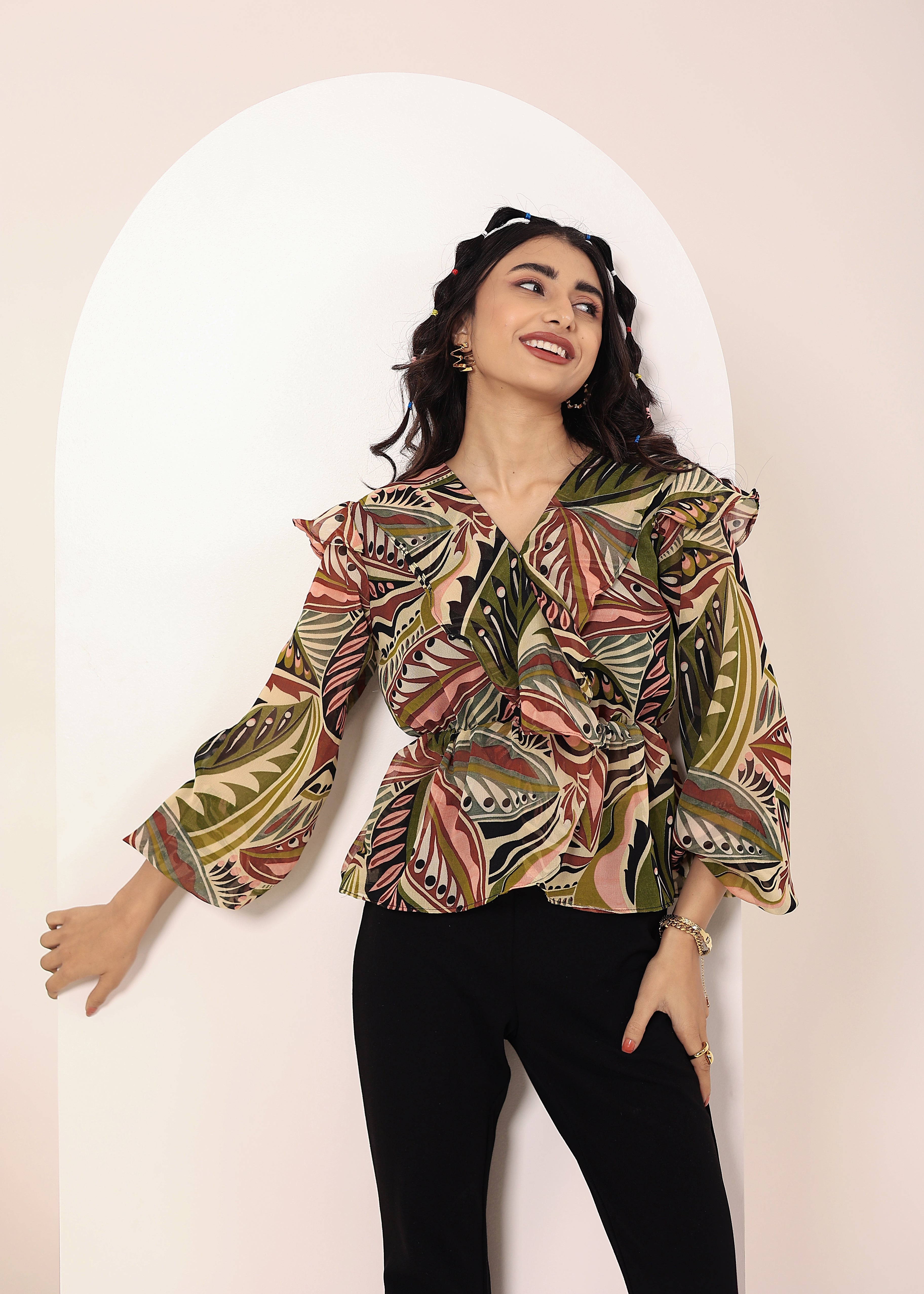Green Multi Tropical Chiffon Full-Sleeve Peplum Top - Kaoribyshreya