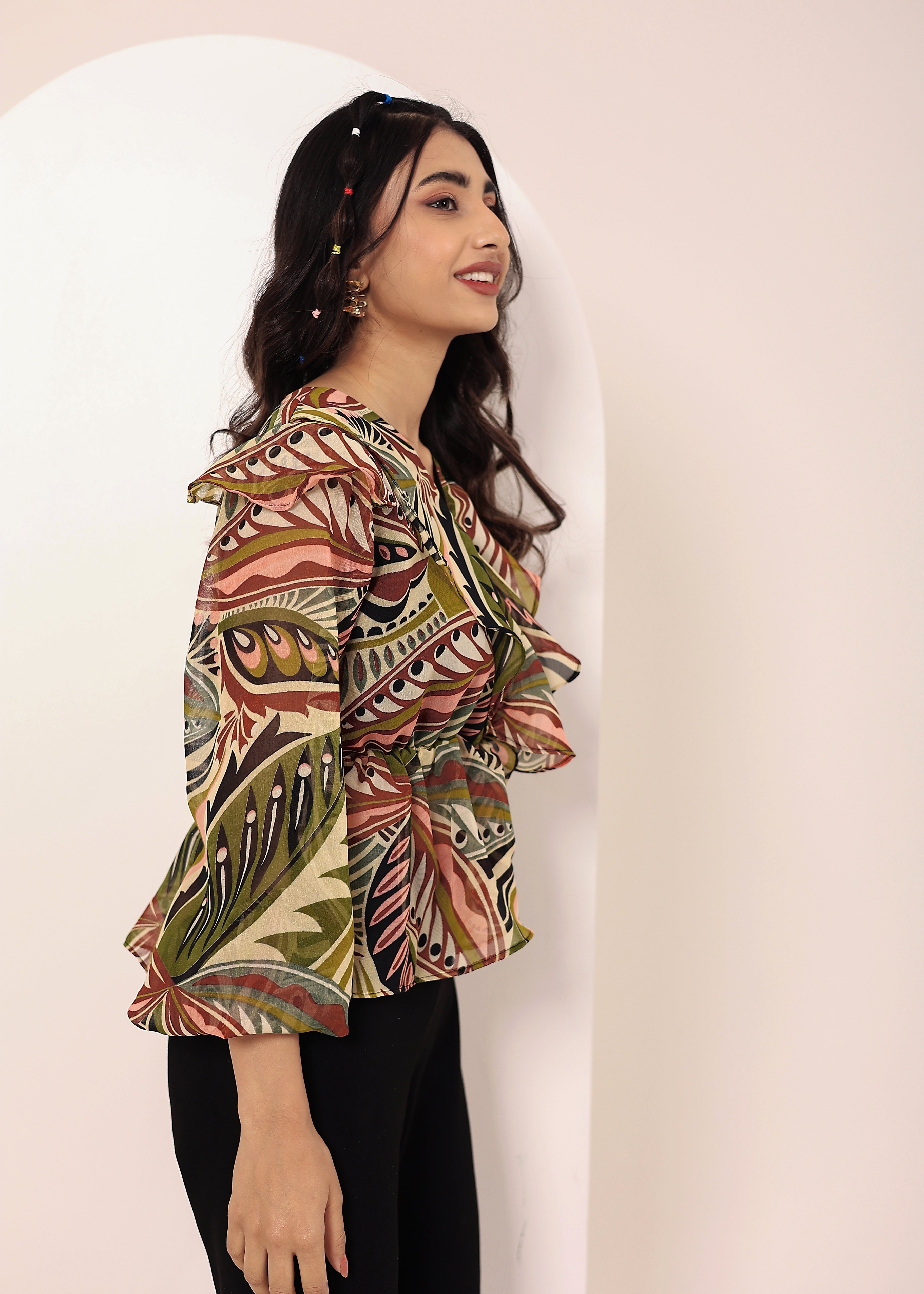 Green Multi Tropical Chiffon Full-Sleeve Peplum Top - Kaoribyshreya