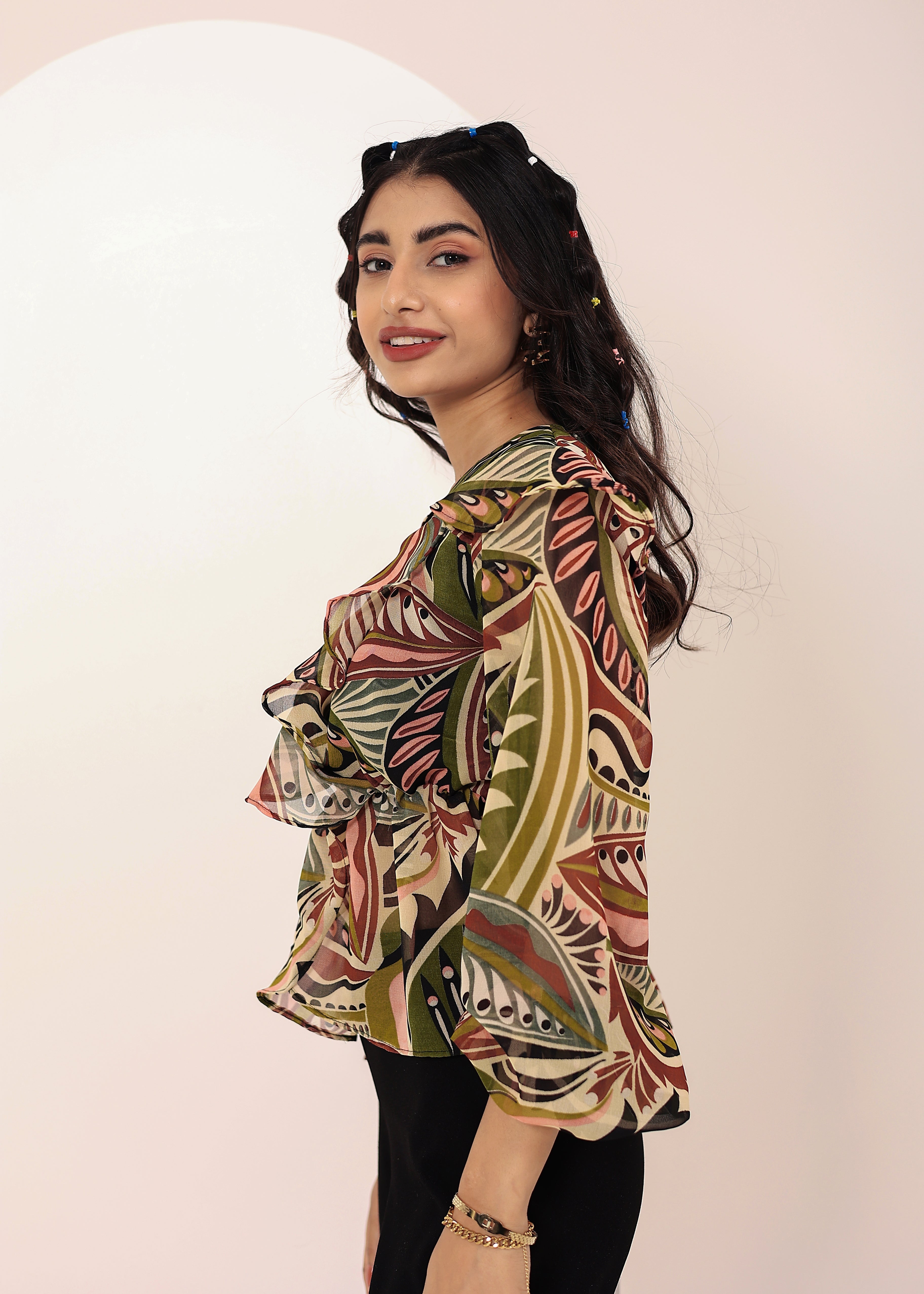 Green Multi Tropical Chiffon Full-Sleeve Peplum Top - Kaoribyshreya