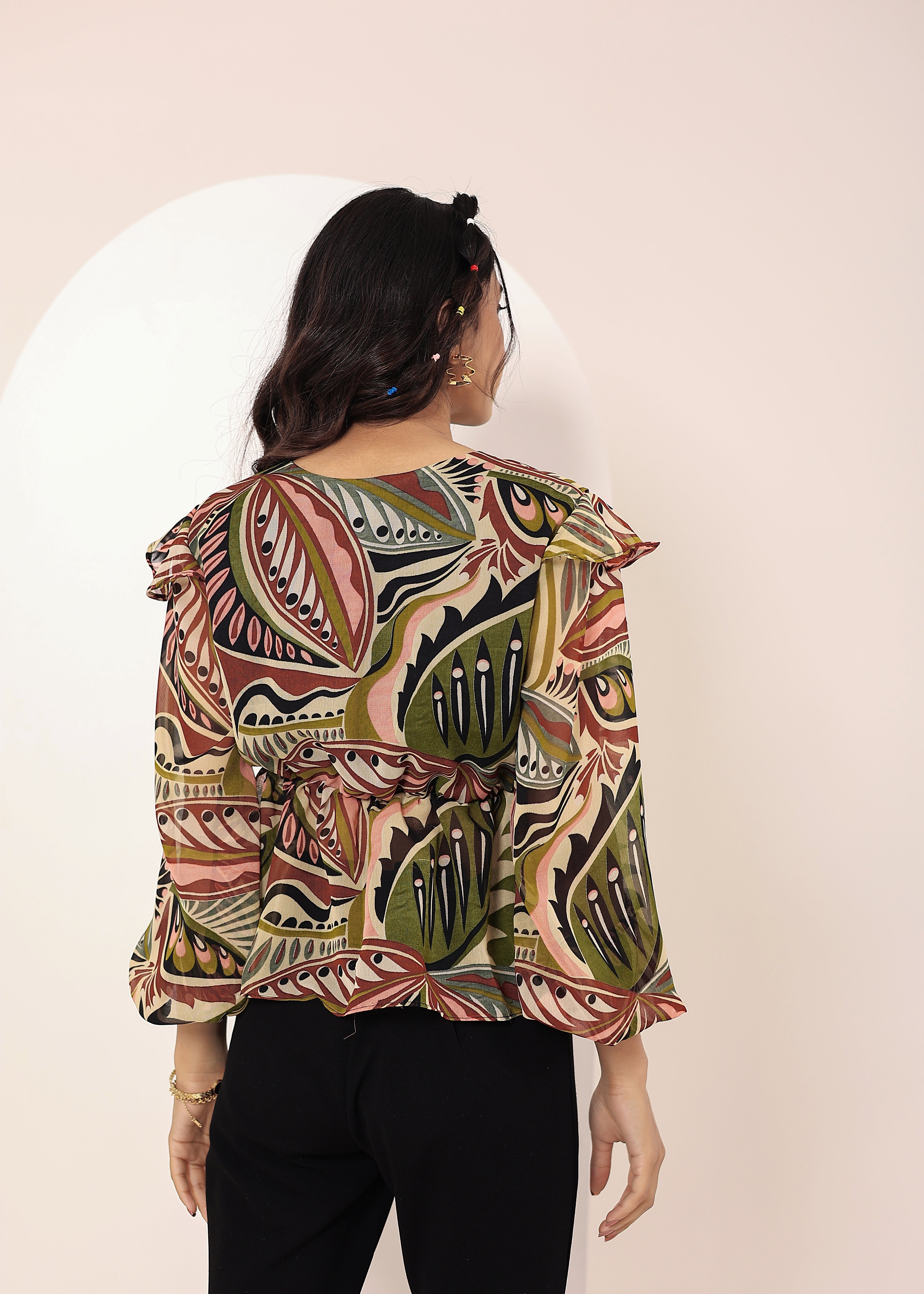 Green Multi Tropical Chiffon Full-Sleeve Peplum Top - Kaoribyshreya