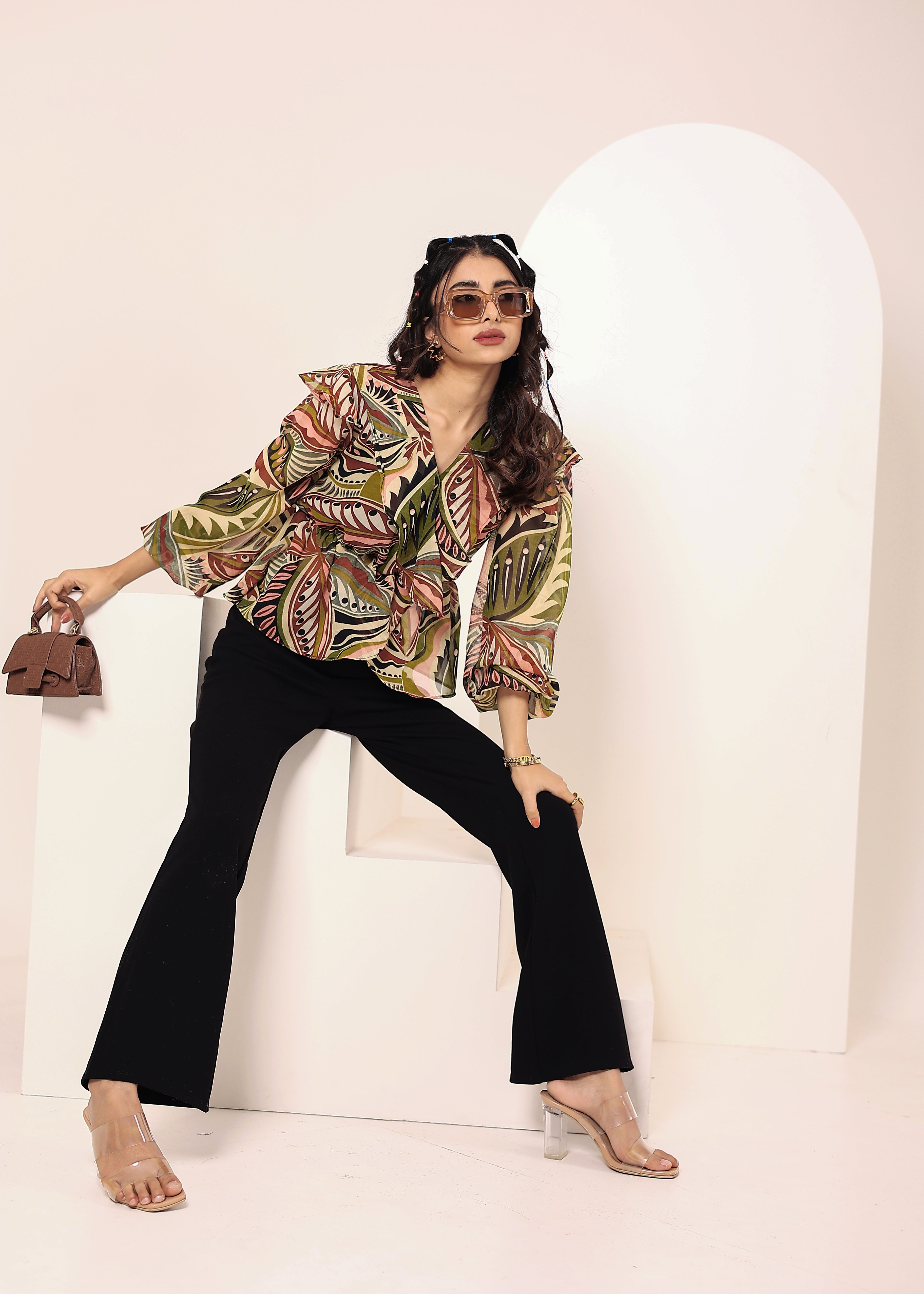 Green Multi Tropical Chiffon Full-Sleeve Peplum Top - Kaoribyshreya
