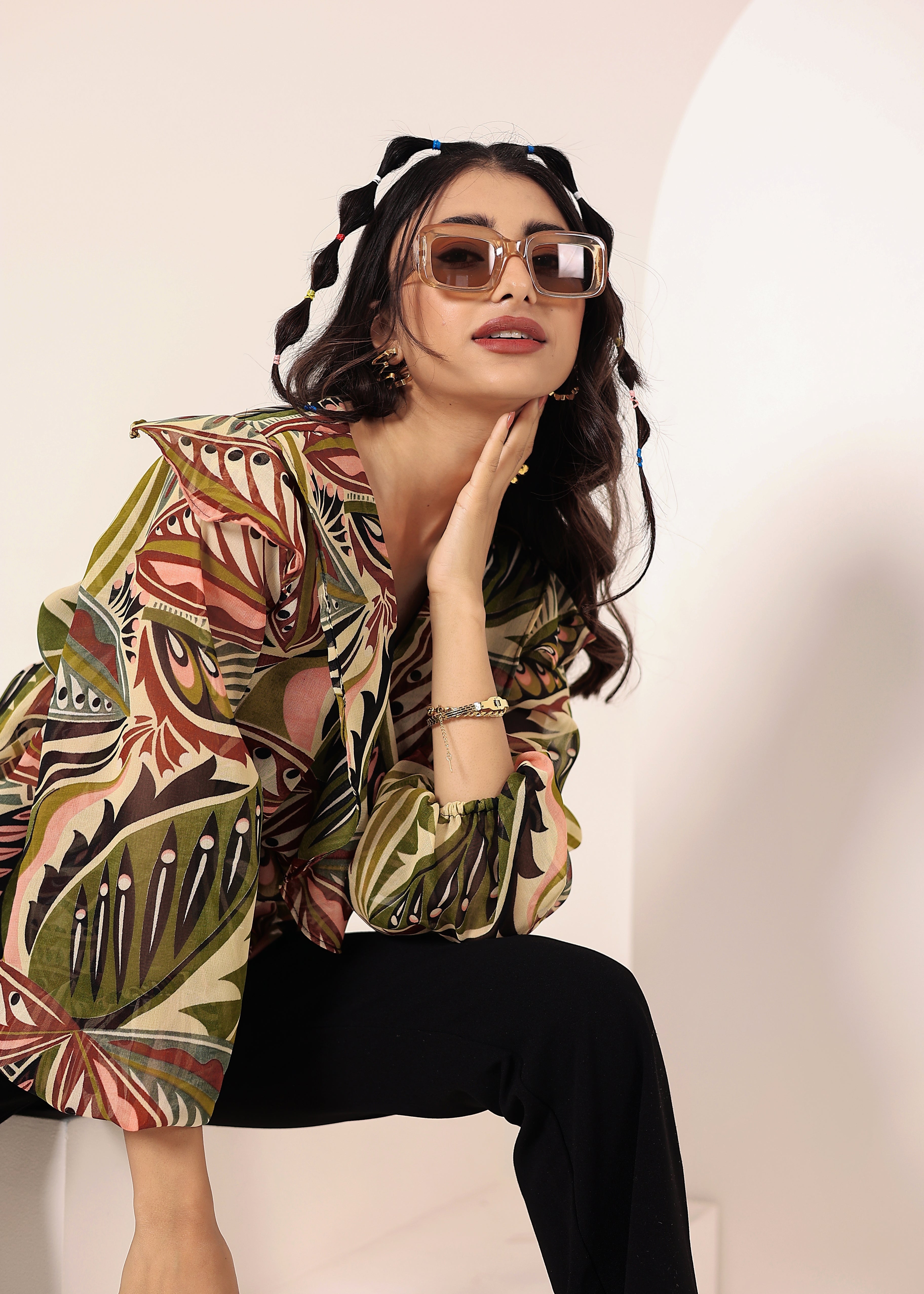 Green Multi Tropical Chiffon Full-Sleeve Peplum Top - Kaoribyshreya