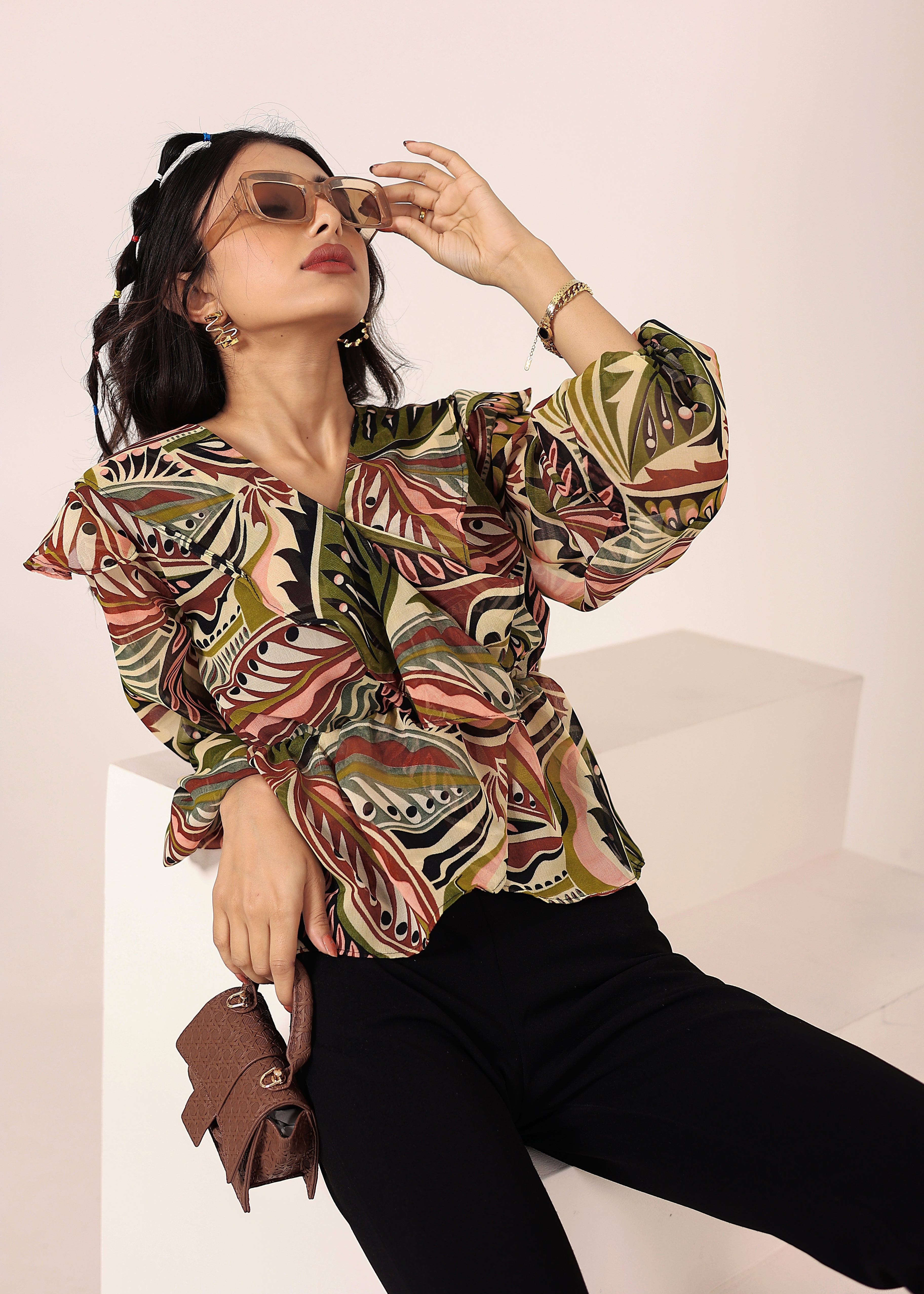 Green Multi Tropical Chiffon Full-Sleeve Peplum Top - Kaoribyshreya