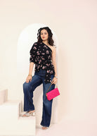 Black Floral one-Shoulder Peplum Top with Waist Tie - Kaoribyshreya
