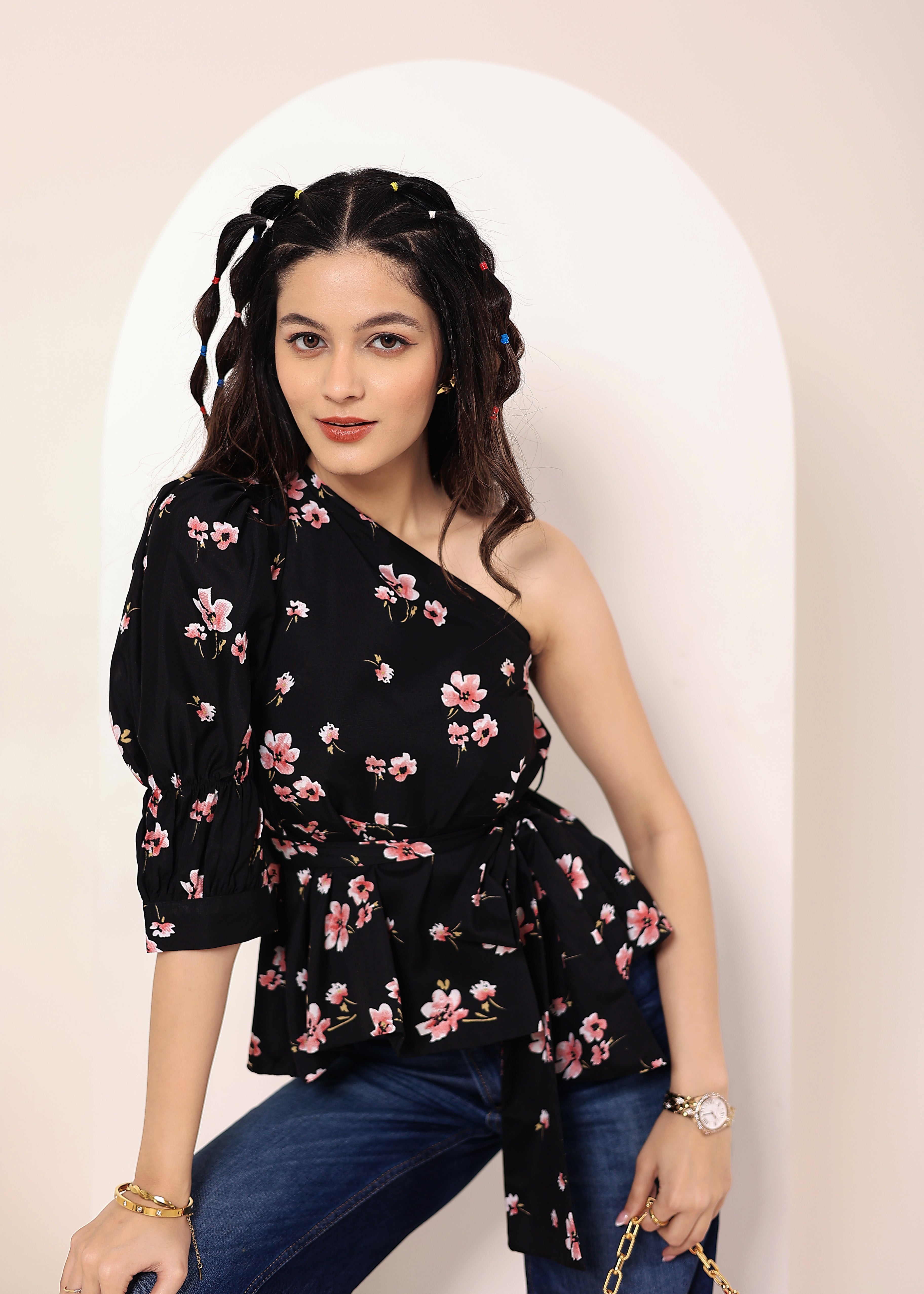 Black Floral one-Shoulder Peplum Top with Waist Tie - Kaoribyshreya