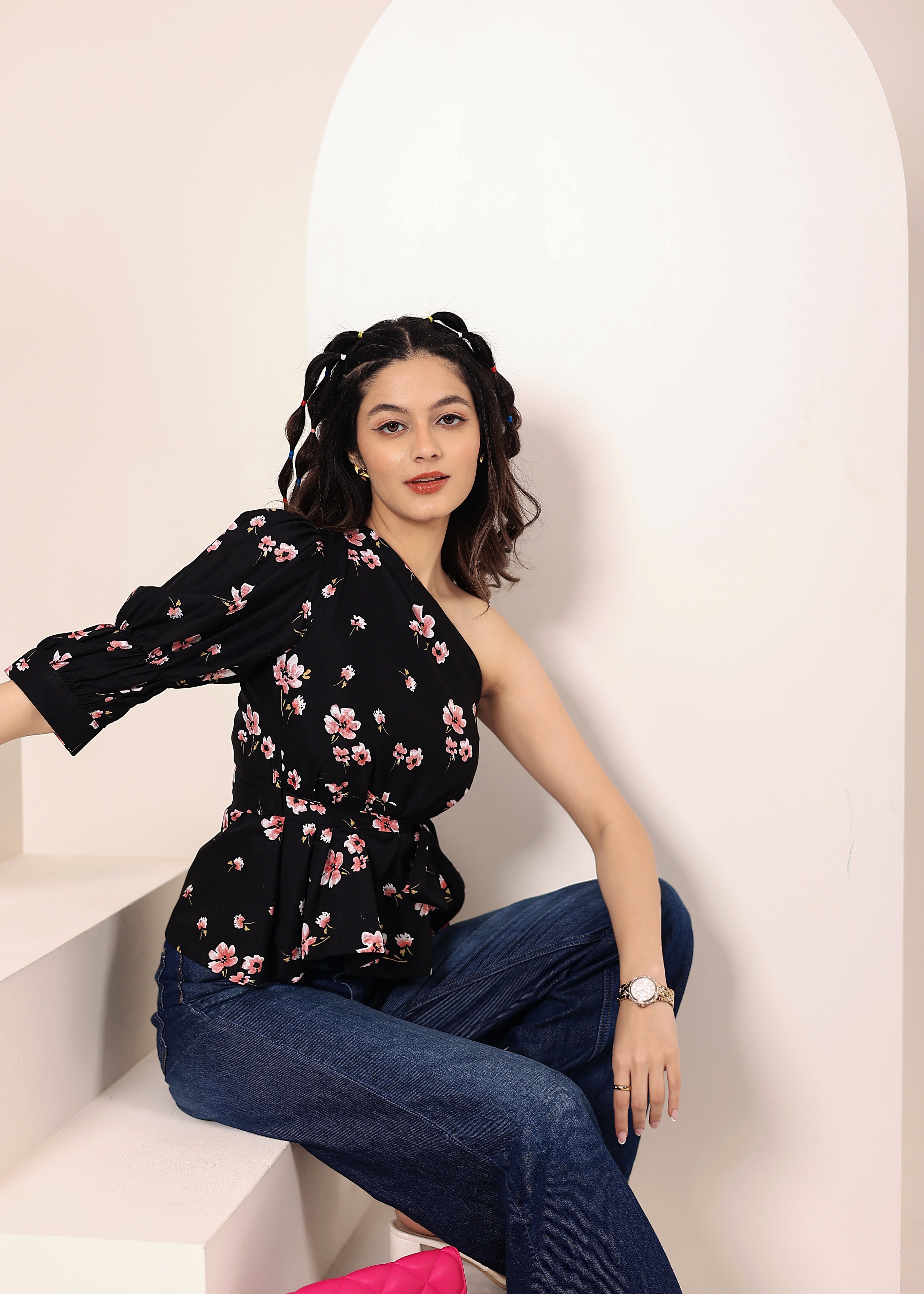 Black Floral one-Shoulder Peplum Top with Waist Tie - Kaoribyshreya