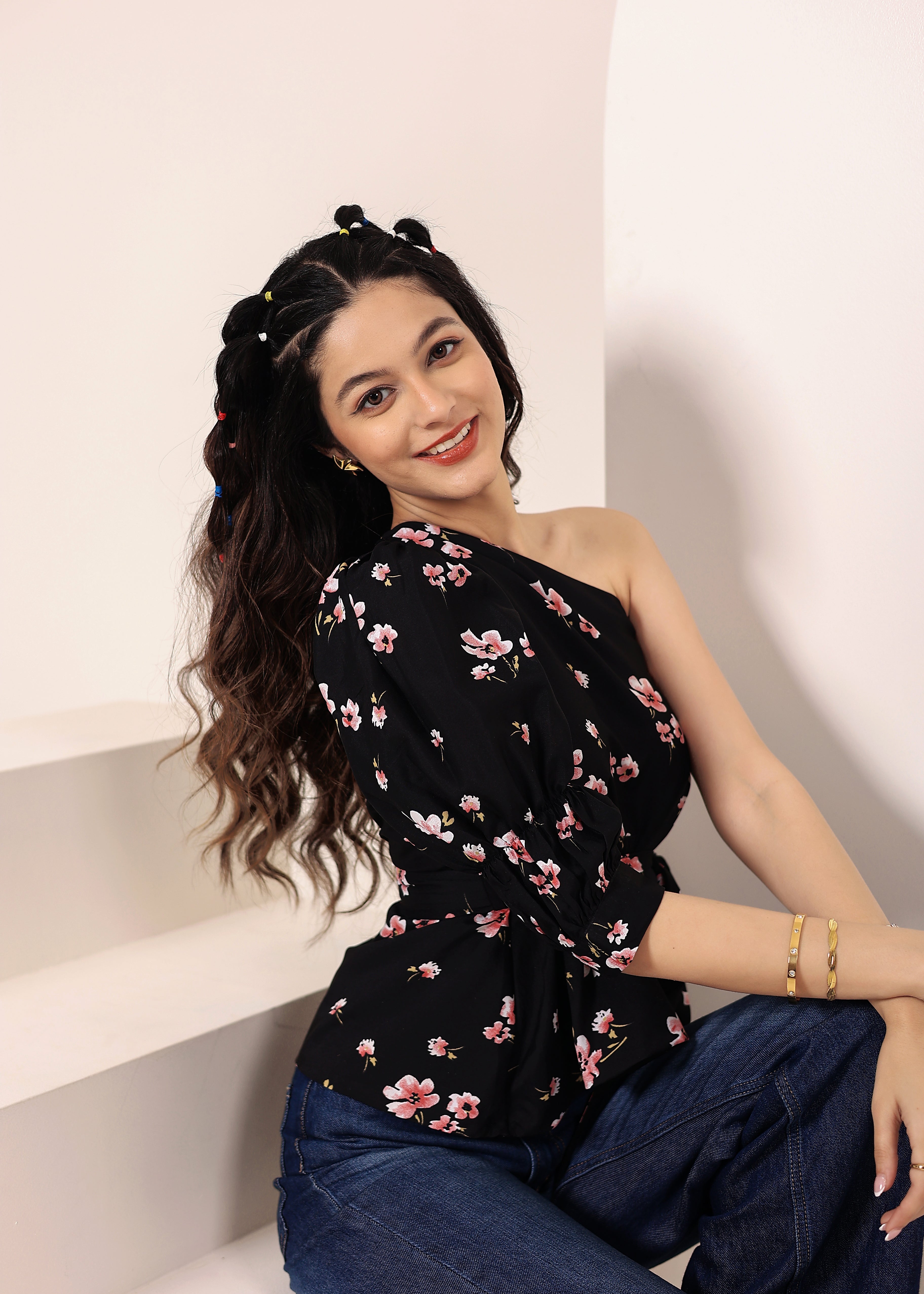 Black Floral one-Shoulder Peplum Top with Waist Tie - Kaoribyshreya