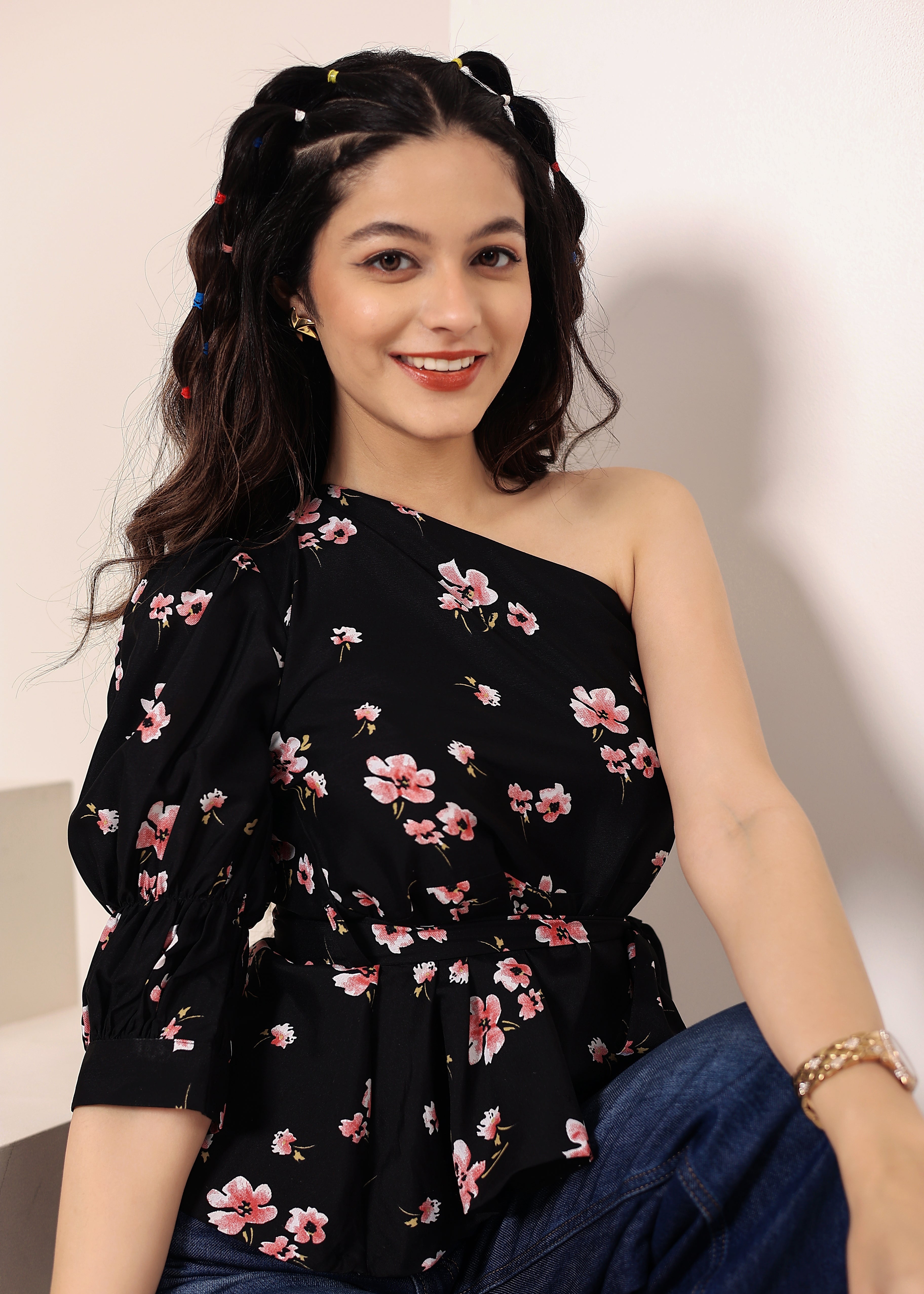 Black Floral one-Shoulder Peplum Top with Waist Tie - Kaoribyshreya
