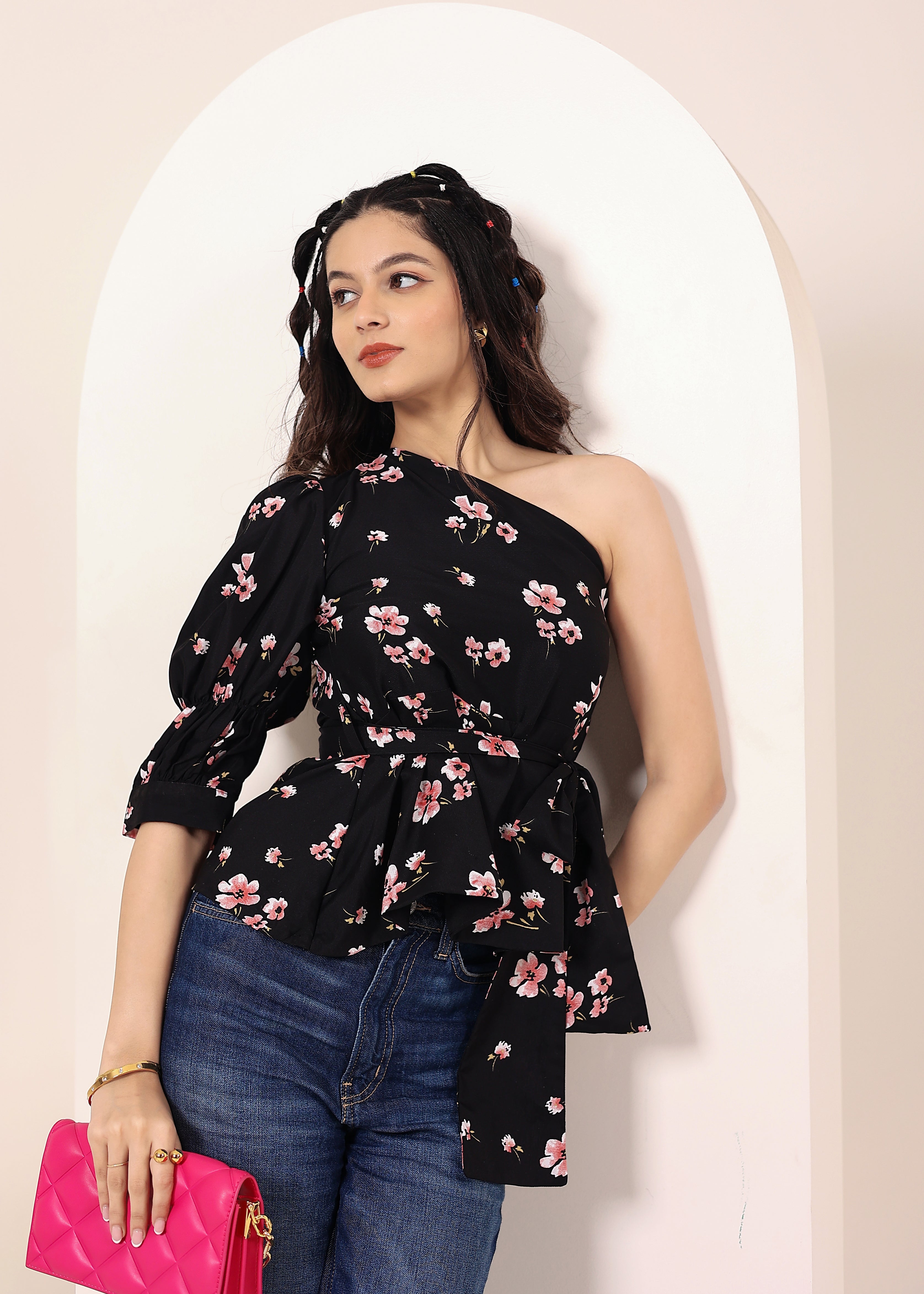 Black Floral one-Shoulder Peplum Top with Waist Tie - Kaoribyshreya