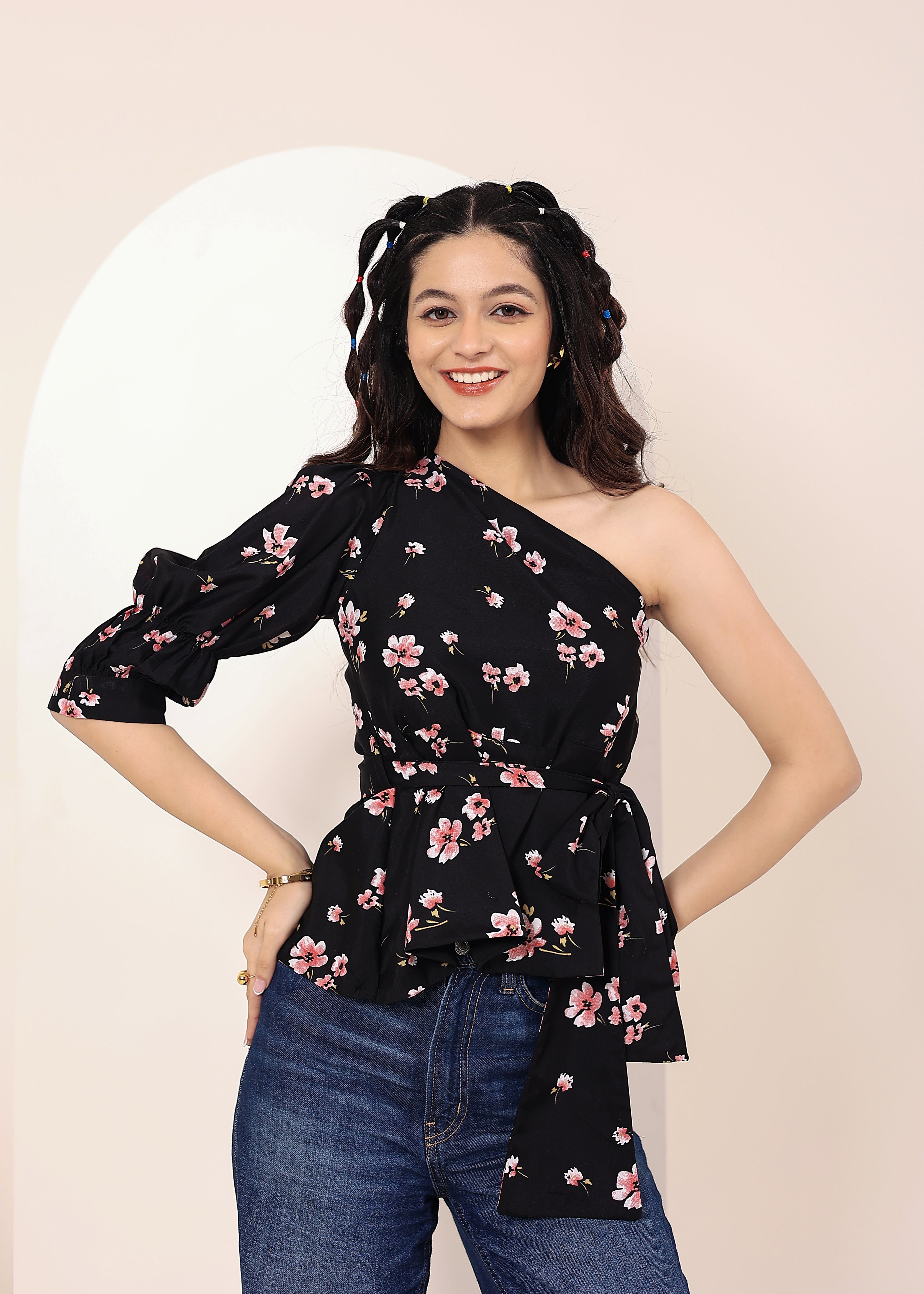 Black Floral one-Shoulder Peplum Top with Waist Tie - Kaoribyshreya