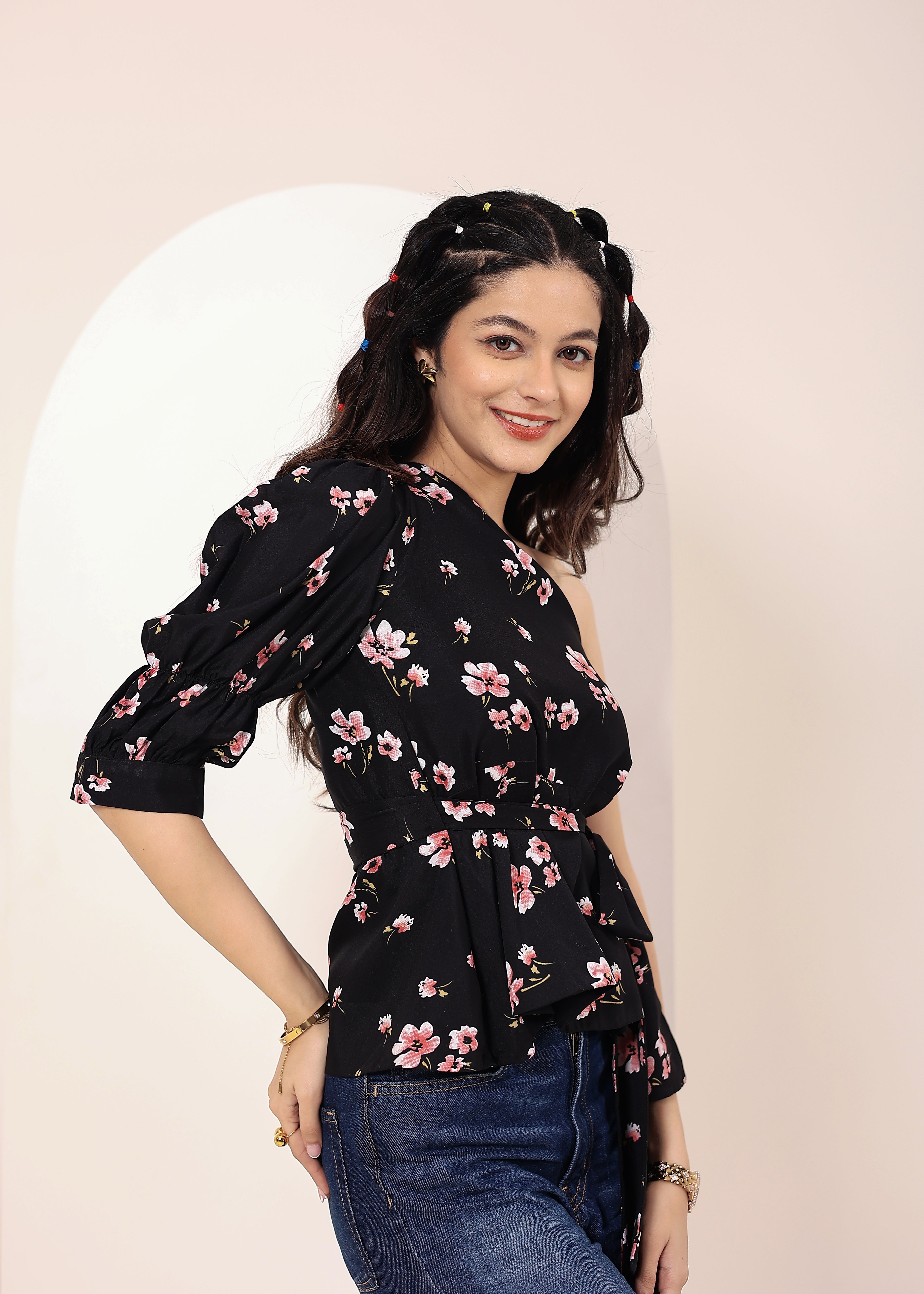 Black Floral one-Shoulder Peplum Top with Waist Tie - Kaoribyshreya