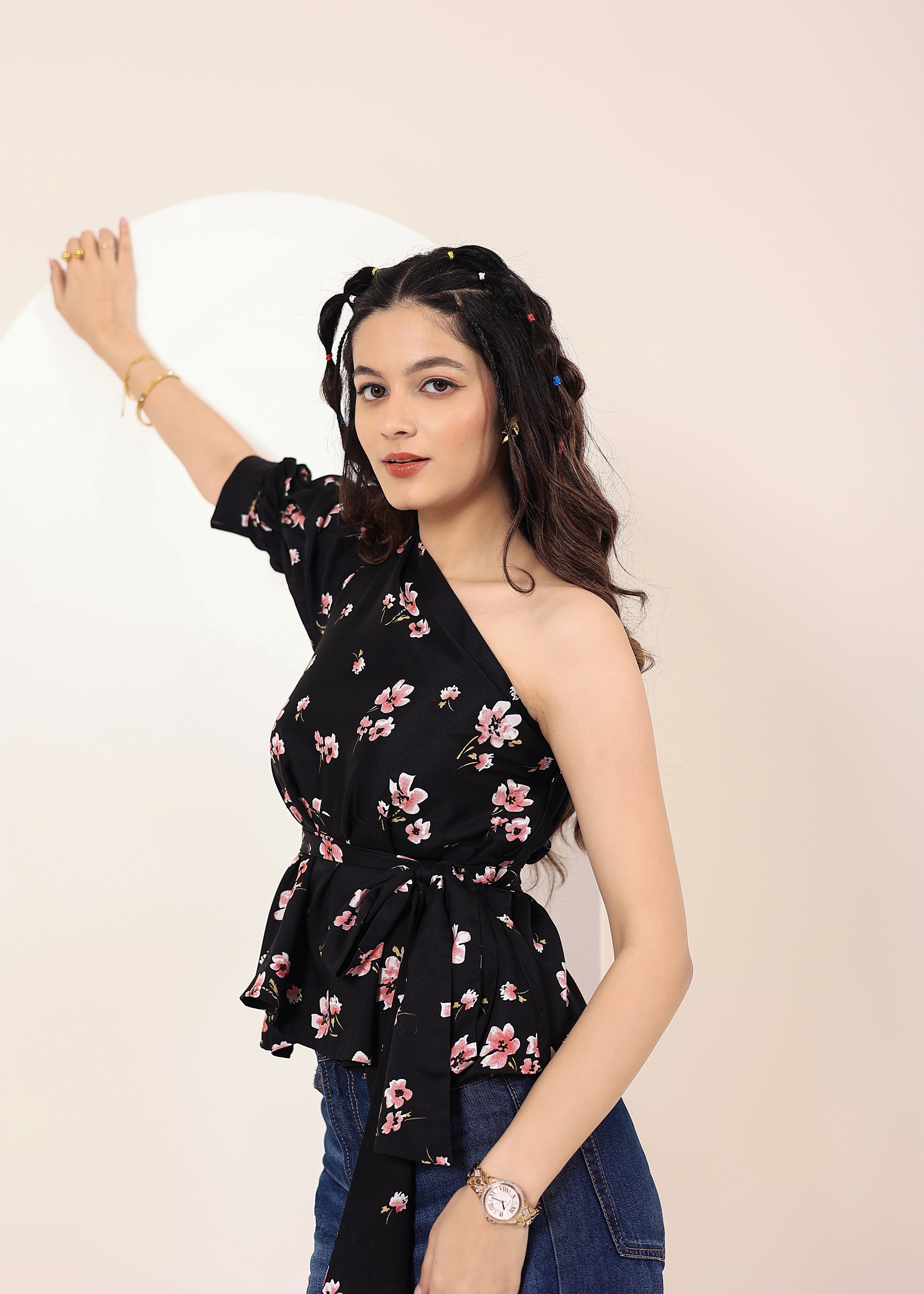 Black Floral one-Shoulder Peplum Top with Waist Tie - Kaoribyshreya