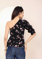 Black Floral one-Shoulder Peplum Top with Waist Tie - Kaoribyshreya
