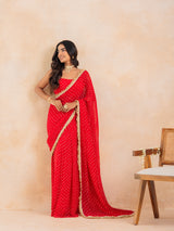 Aarza-Red Bandhej Pre-Draped Saree Set
