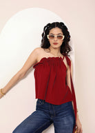 Maroon Red Linen Blend One-Shoulder Tie-Up Top - Kaoribyshreya