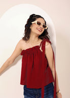 Maroon Red Linen Blend One-Shoulder Tie-Up Top - Kaoribyshreya